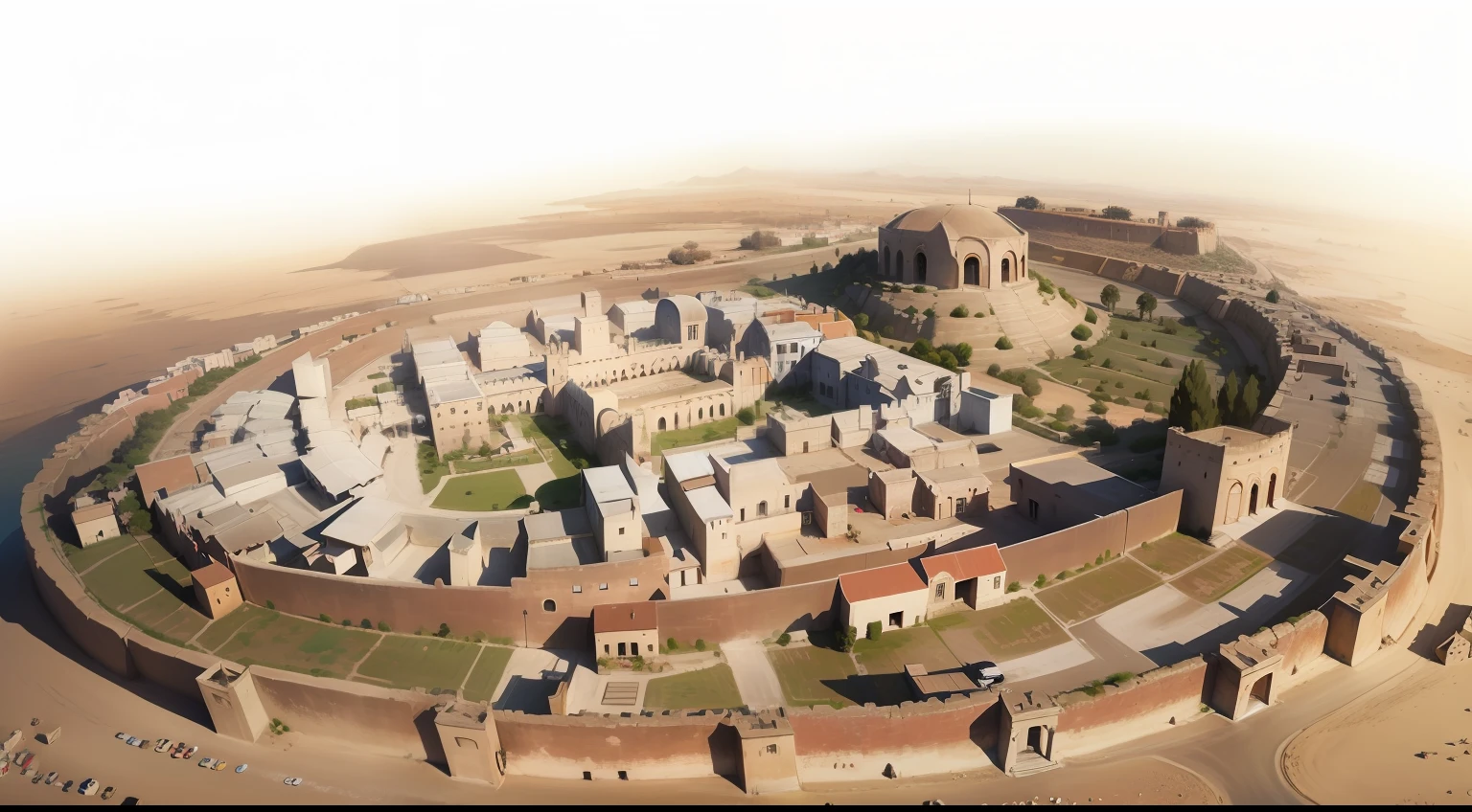 panoramic view, architecture, ancient, fortified city, Jericho, biblical era, massive stone walls, imposing watchtowers, sturdy gates, bustling streets, adobe structures, historical authenticity, dramatic sunset lighting, aerial perspective --ar