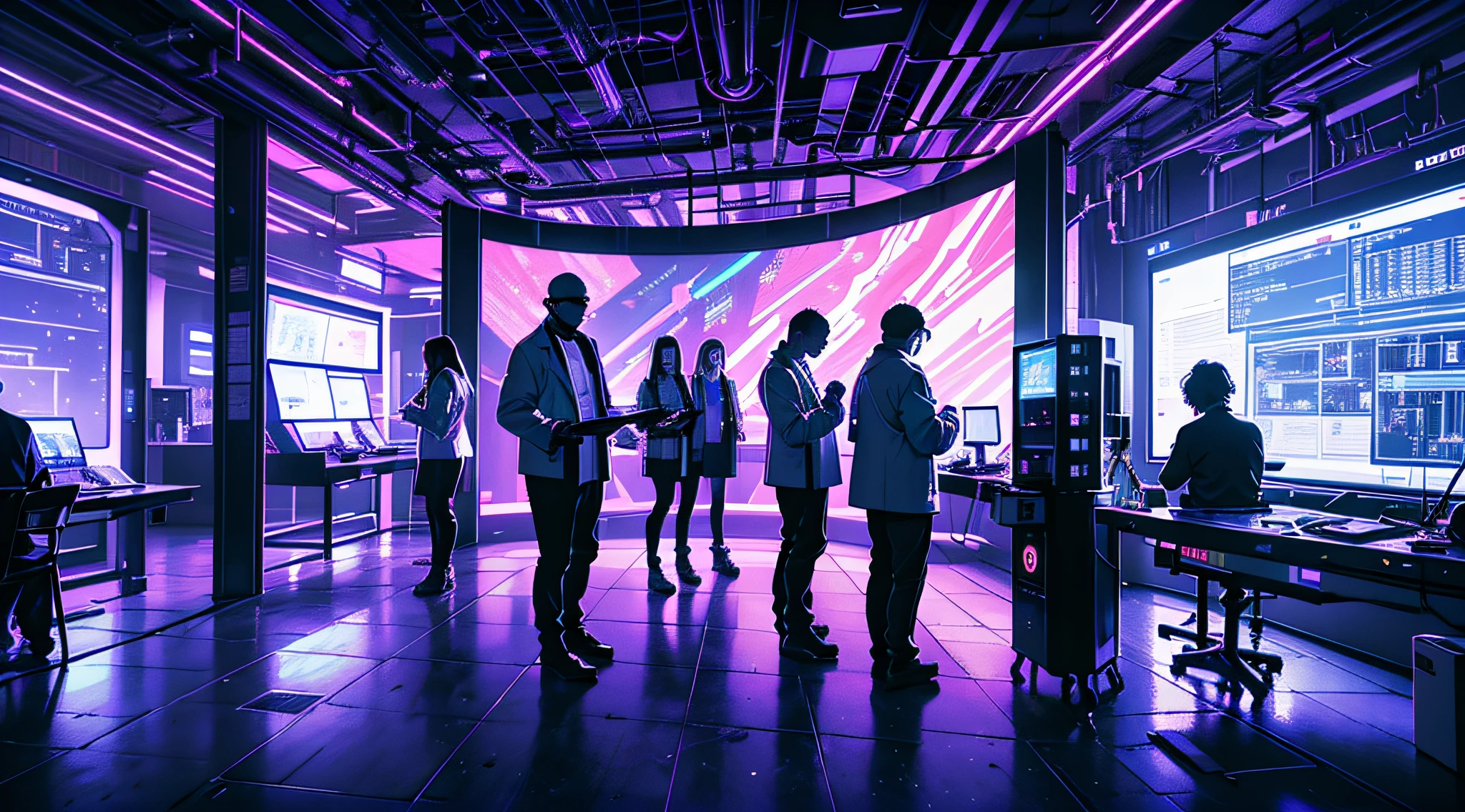 A futuristic laboratory in a cyberpunk setting, filled with advanced technology and machinery, glowing screens and holographic displays, scientists in lab coats working diligently, surrounded by an aura of scientific curiosity and innovation, Sculpture, using metal and glass materials to create a three-dimensional representation of the futuristic lab, capturing the precision and intricacy of the scientific environment,