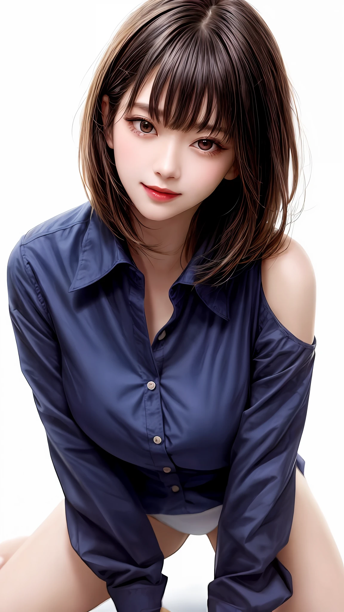 Pee (incontinence: 1.47), fashion trendy beautiful and attractive woman, gentle and attractive Chinese beautiful woman, Korean (kpop idol), delicate and sexy collarbone, attractive oval face, double eyelids, smart [peach] flower eyes, pink lips, small nose, bare shoulders, focus on face, [[face close-up], ultra high definition, super detail, White off-shoulder lace shirt, (((white lace panties), fresh and impressive, natural (large: 1.25), (kneel on the ground), (legs wide open), (legs spread), (from a low angle), (upright 1.5), (shiny skin: 1.4), (low angle)), perfect figure, areola, cleavage, armpit wrinkles, (floor urine)), (NSFW: 1.05), ( Showpiece, top quality, high precision)), one girl, (big, photorealistic: 1.4), (slightly above the camera, looking up at the camera, looking up, looking up at the camera, staring at the camera))), solo, solo, white background, snow-white background, mouth closed, happy smile, pretty black hair, short hair, big eyes, pronounced double eyelids, eyelashes, ears out, long neck, long neck, Absolute area, ((close-up of face, short hair with bangs)), 19 years old, attractive proportions, shiny skin, clean collarbone, golden ratio face, perfect face, teardrop mole, chest mole, bangs, clean bangs, beautiful bangs, lip gloss, thin lips, white skin, undressed, big breasts, small face, staring at the camera a little upwards, ((smiling a little at the camera, really nothing pure white background, very big, big big, big breasts)), ((((uniform, shirt))))