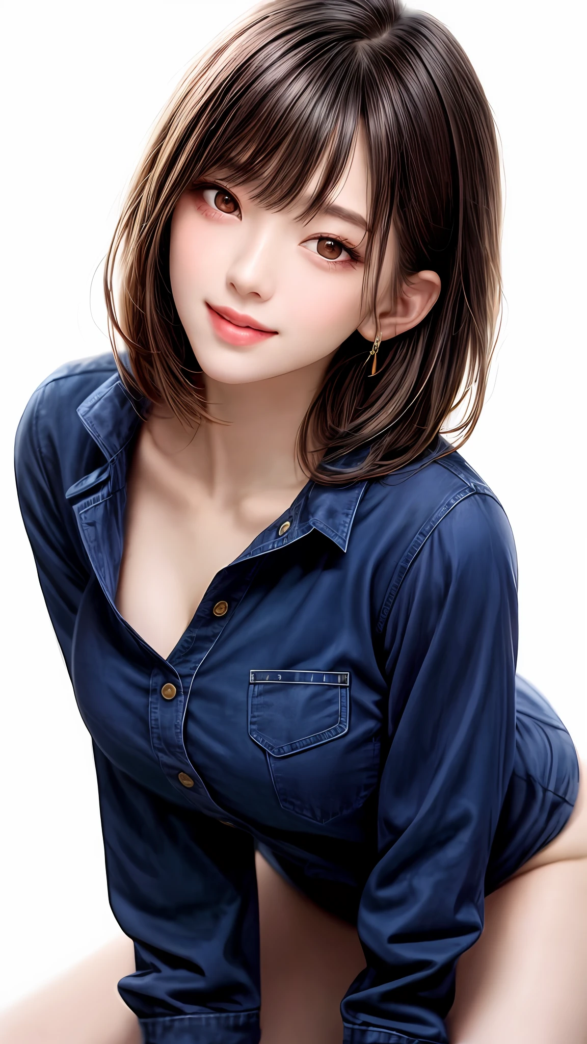 Pee (incontinence: 1.47), fashion trendy beautiful and attractive woman, gentle and attractive Chinese beautiful woman, Korean (kpop idol), delicate and sexy collarbone, attractive oval face, double eyelids, smart [peach] flower eyes, pink lips, small nose, bare shoulders, focus on face, [[face close-up], ultra high definition, super detail, White off-shoulder lace shirt, (((white lace panties), fresh and impressive, natural (large: 1.25), (kneel on the ground), (legs wide open), (legs spread), (from a low angle), (upright 1.5), (shiny skin: 1.4), (low angle)), perfect figure, areola, cleavage, armpit wrinkles, (floor urine)), (NSFW: 1.05), ( Showpiece, top quality, high precision)), one girl, (big, photorealistic: 1.4), (slightly above the camera, looking up at the camera, looking up, looking up at the camera, staring at the camera))), solo, solo, white background, snow-white background, mouth closed, happy smile, pretty black hair, short hair, big eyes, pronounced double eyelids, eyelashes, ears out, long neck, long neck, Absolute area, ((close-up of face, short hair with bangs)), 19 years old, attractive proportions, shiny skin, clean collarbone, golden ratio face, perfect face, teardrop mole, chest mole, bangs, clean bangs, beautiful bangs, lip gloss, thin lips, white skin, undressed, big breasts, small face, staring at the camera a little upwards, ((smiling a little at the camera, really nothing pure white background, very big, big big, big breasts)), ((((uniform, shirt))))