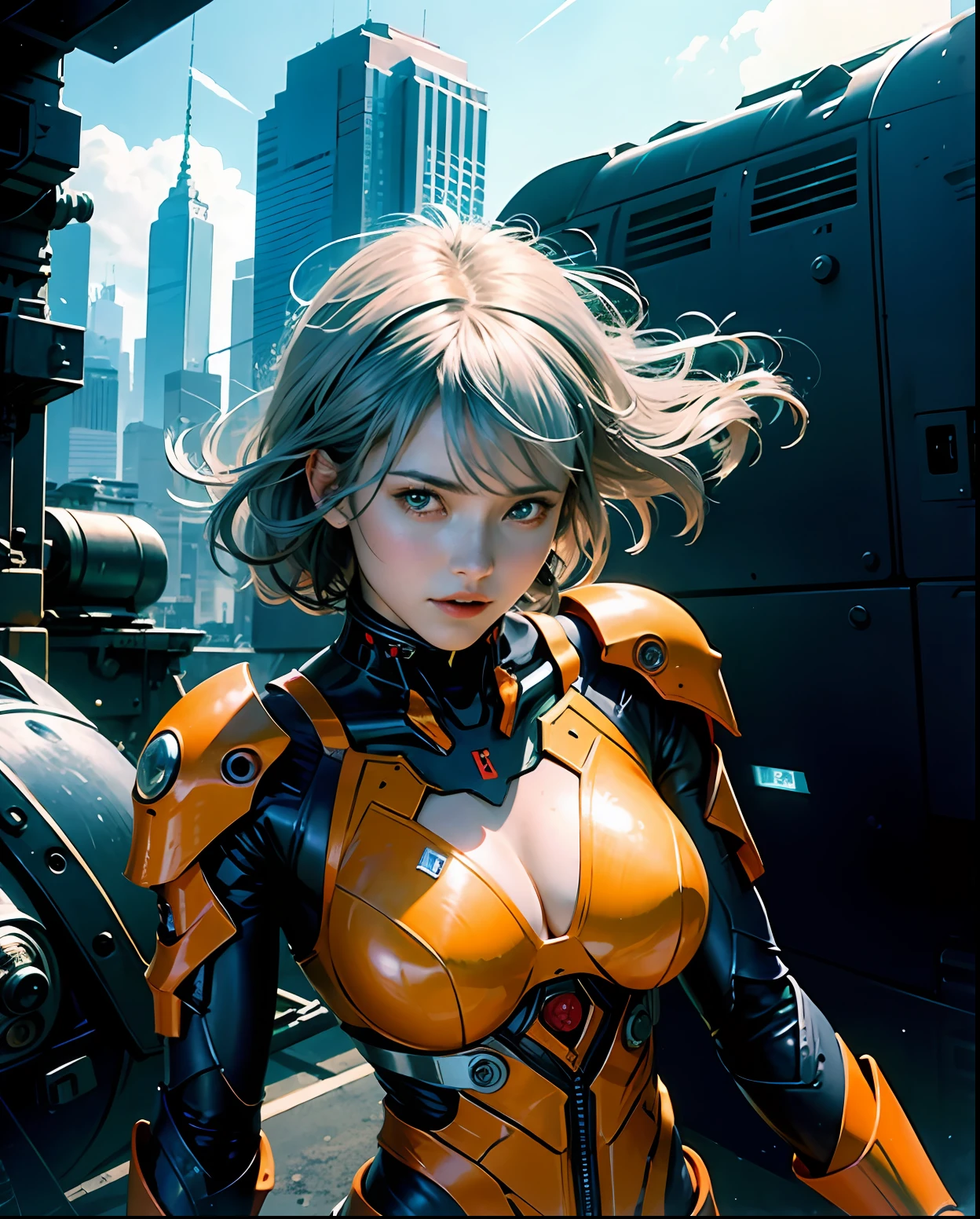 Silver hair, long fluttering hair, strong wind, orange eyes, shining eyes, evangelion girl, big, face and breasts are raw, cleavage is visible. Photorealistic, portfolio, Evangelion-style metal mech suit, cyborg soldier, large rifle, metallic, detailed mech parts, bunch of thin tubes, metal cylinder, detailed neon, fine LED,