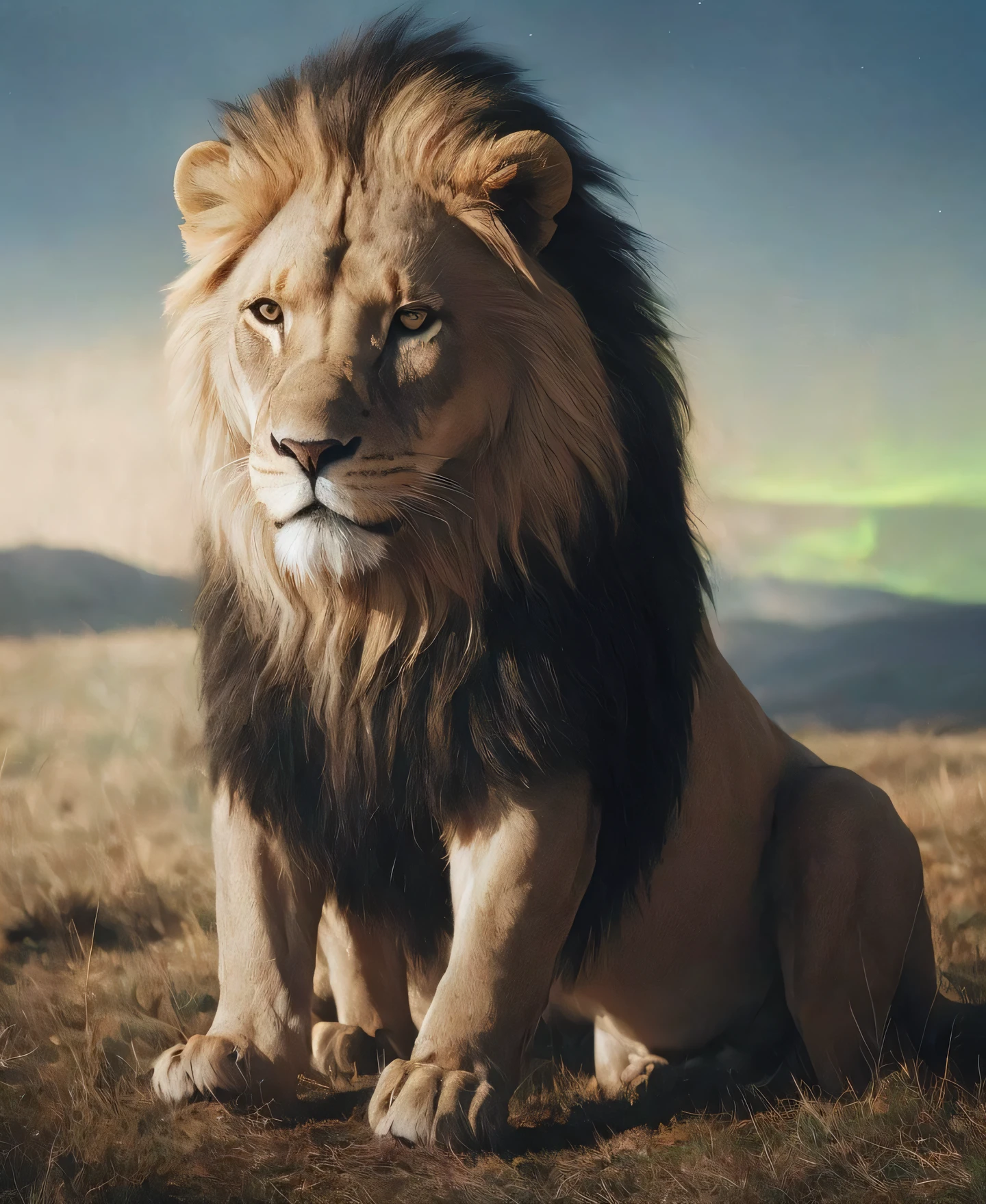 "Cinematic lighting captures the majestic anatomy of a realistic lion in Iceland, set against the stunning backdrop of the Northern Lights. High-res details and accurate anatomy make the UHD, 16k image pop with realism."
