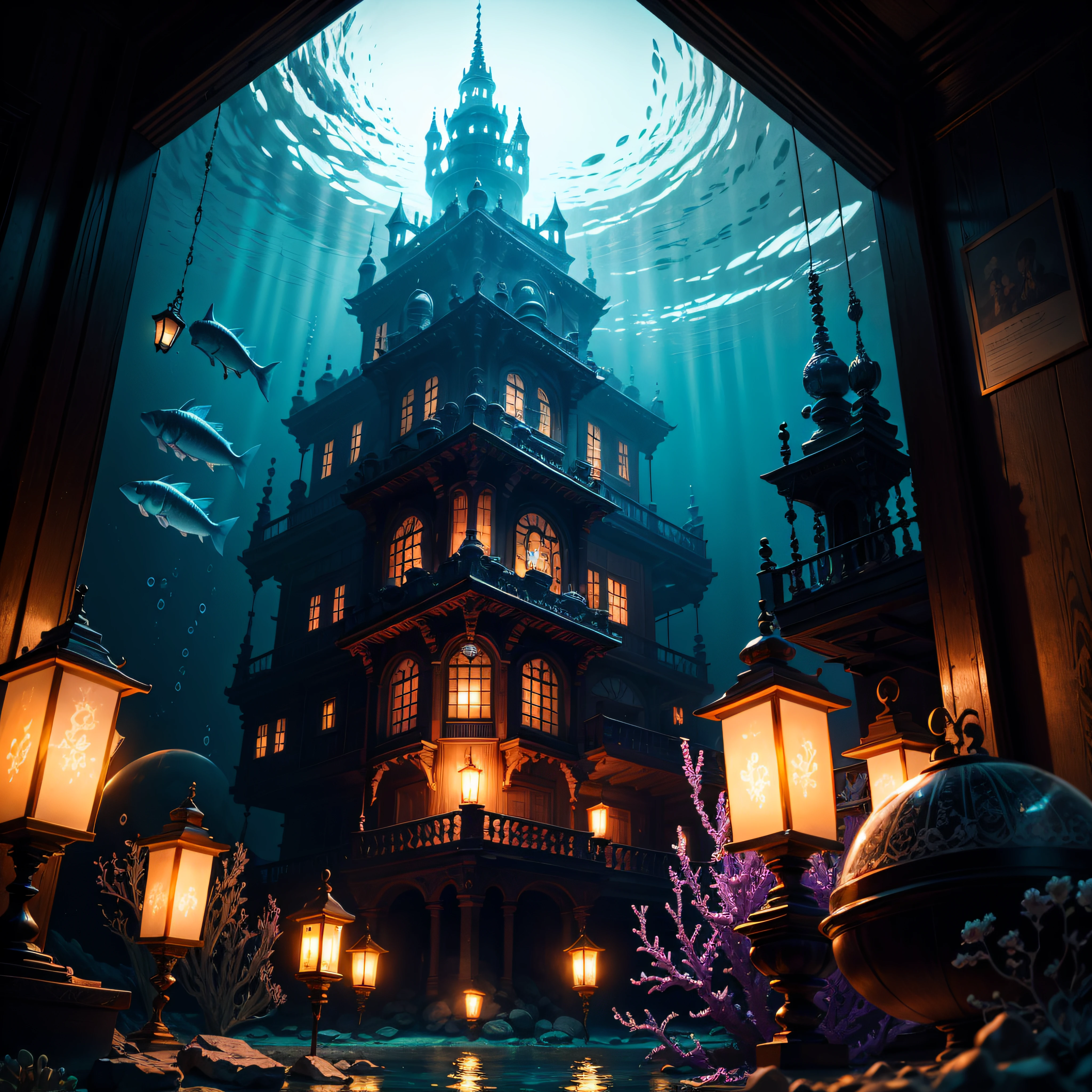 Underwater palace made out of crystal,  with blue lanterns, and blue torches, colorful coral around it, vibrant fish, dusk --auto