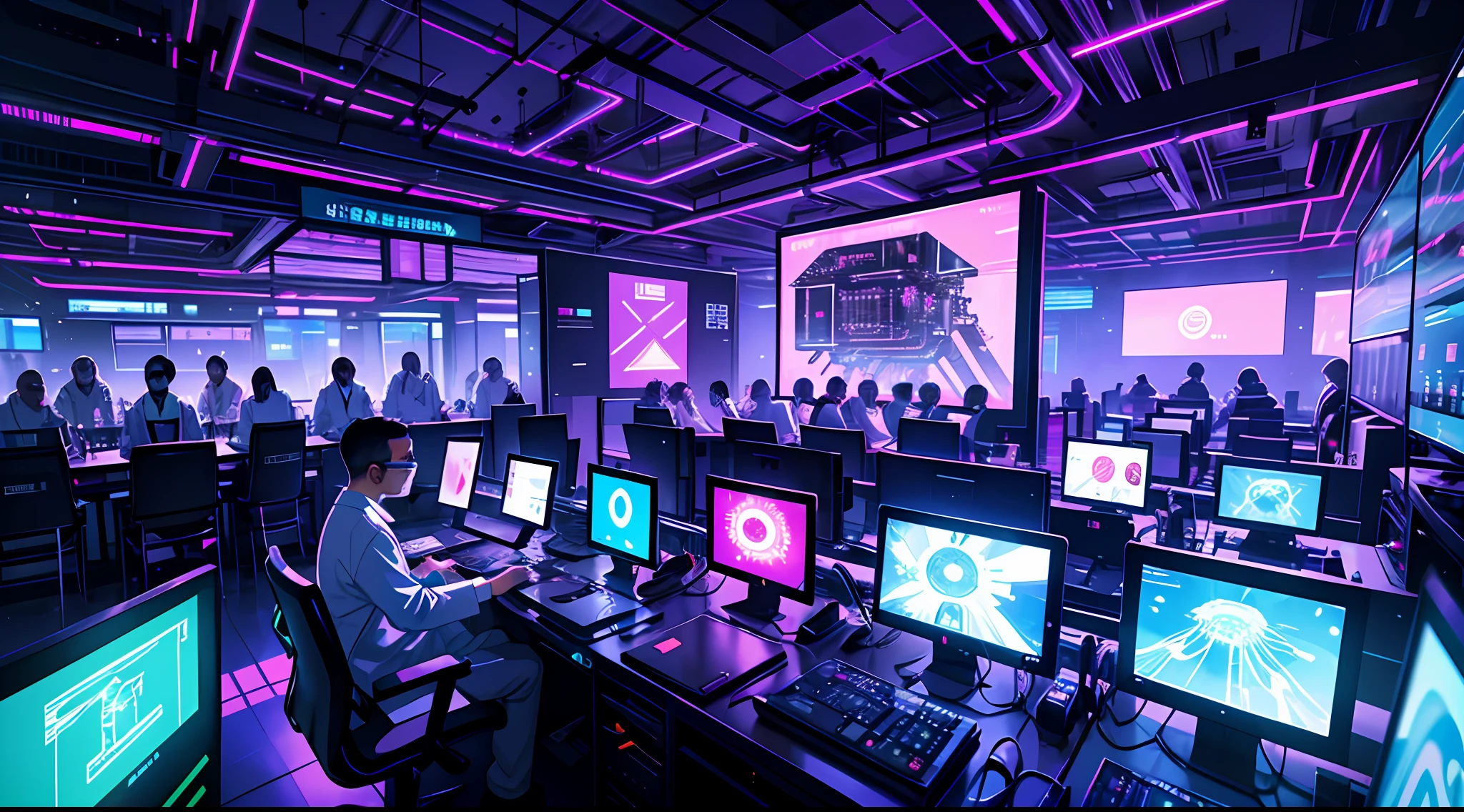 A futuristic laboratory in a cyberpunk setting, filled with advanced technology and machinery, glowing screens and holographic displays, scientists in lab coats working diligently, surrounded by an aura of scientific curiosity and innovation, Sculpture, using metal and glass materials to create a three-dimensional representation of the futuristic lab, capturing the precision and intricacy of the scientific environment,