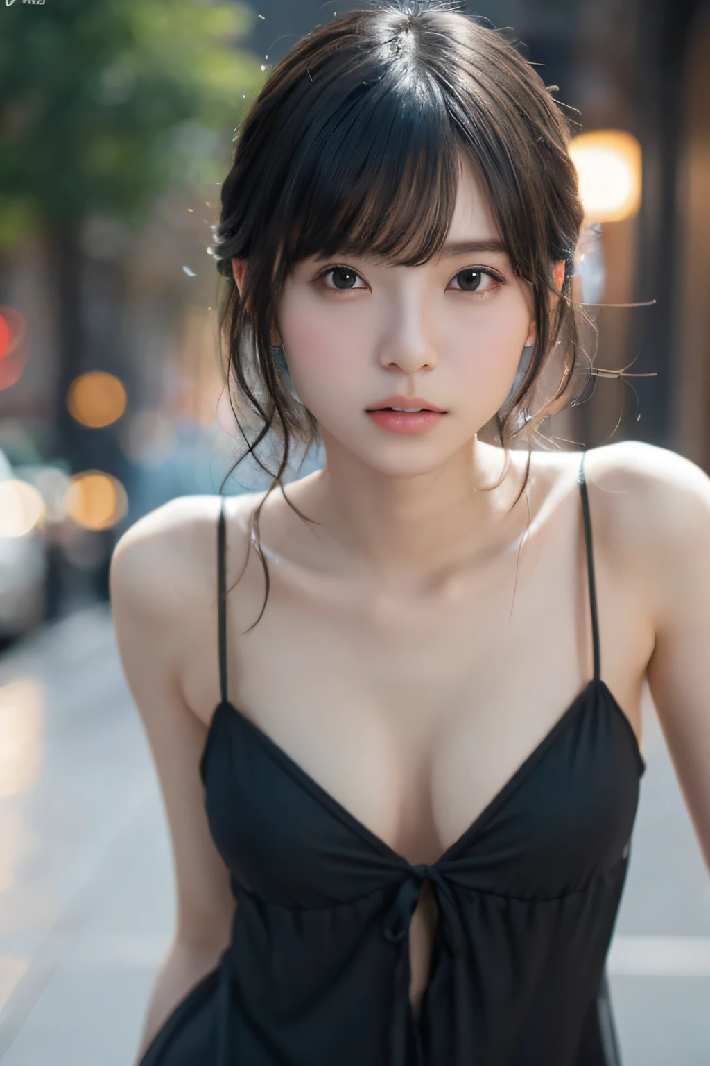 Random Pose, mix4, (8K, RAW photo, top quality, masterpiece: 1.45), (realistic, photorealistic: 1.37), one girl, cute, cityscape, night, rain, wet, professional lighting, photon mapping, radiosity, physically based rendering, gradient black hair, gray hair, short curly, handsome, girl, blue slip dress, pale skin, Top quality photos, high resolution, 1080p, (clear face), (detailed facial description), (detailed hand description), (masterpiece), (exquisite CG), extreme light and shadow, disheveled hair, masterpiece, rich details, (fine facial features), (best quality photo), (best quality photo), (best quality photo), (fine eyes), look in front of you, fine collarbone, (medium breast: 1.4),