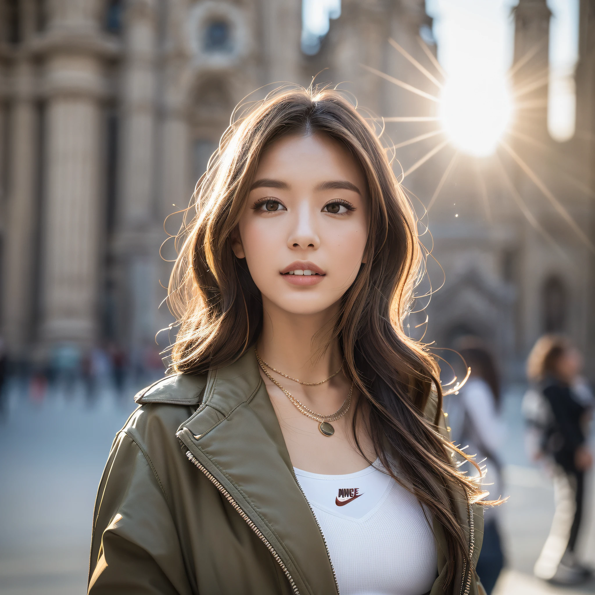 Top quality, realistic, (photorealistic), very detailed, very delicate and beautiful, (RAW photo), professional lighting, face light, sunlight strong on the face, depth of field, one girl, solo focus, (zoom out, model full body photo, full body photo): 1.5, 27 year old woman, (square in front of Milan Cathedral, walking stairs, beautiful feet, Milan Cathedral in the background): 1.3, Light brown long hair, brown eyes, small head, fashion girl, fashion hairstyle, Japan model, supremely beautiful, face lighting, beautiful eyes, big, bare face, real skin, real face, detailed eyes, detailed facial features, (natural face, happy expression), detailed clothing features, wind, light makeup, ((red nike long down coat)): 1.5, ( Sports bra with white NIKE logo, white skinny pants, NIKE sneakers, luxurious necklace): 1.3, put your hands in the pockets of the down jacket,