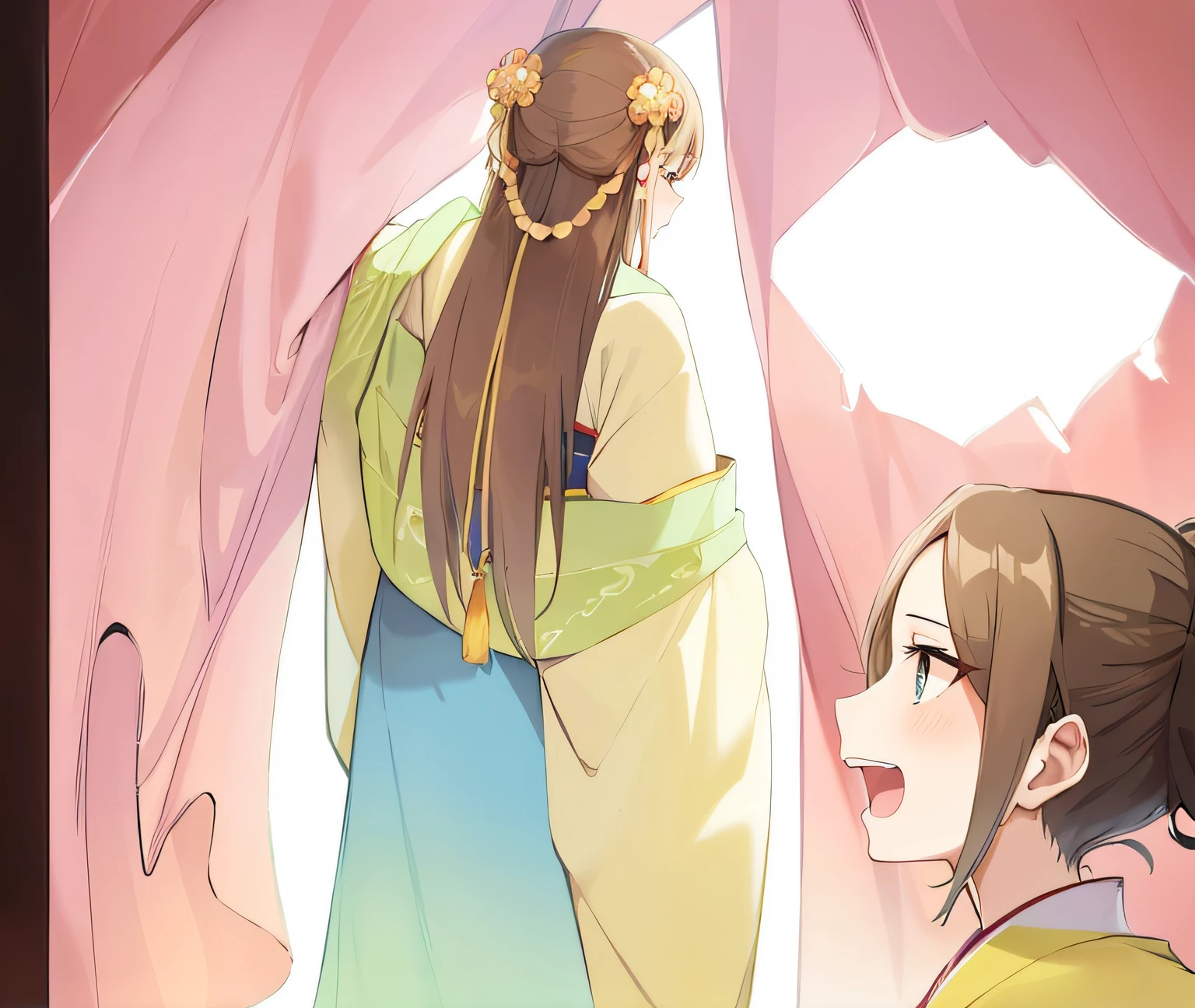 Anime image, woman in kimono and woman in kimono, palace, Hanfu girl, flowing hair and robes, Hanfu, wearing ancient Chinese clothing, inspired by Uemura Boy, inspired by Lu Yoshi, inspired by ancient Chinese princess Nishikawa Toshinobu
