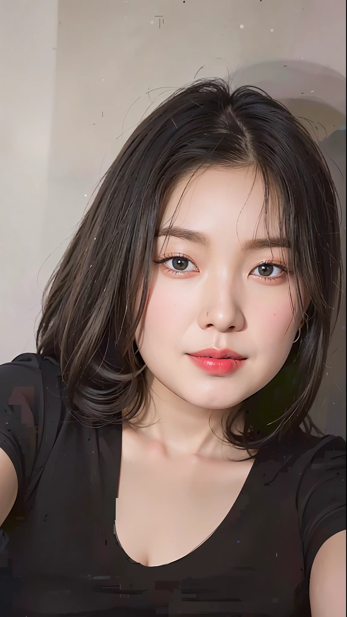 there is a young girl with a black shirt and a red lipstick, realism artstyle, photorealistic!!!!!!! art style, with round face, south east asian with round face, with accurate face, realistic picture, digital art picture, digital art but photo, with round cheeks, realistic artstyle, realistic. cheng yi, asian face, [ digital art ]!!