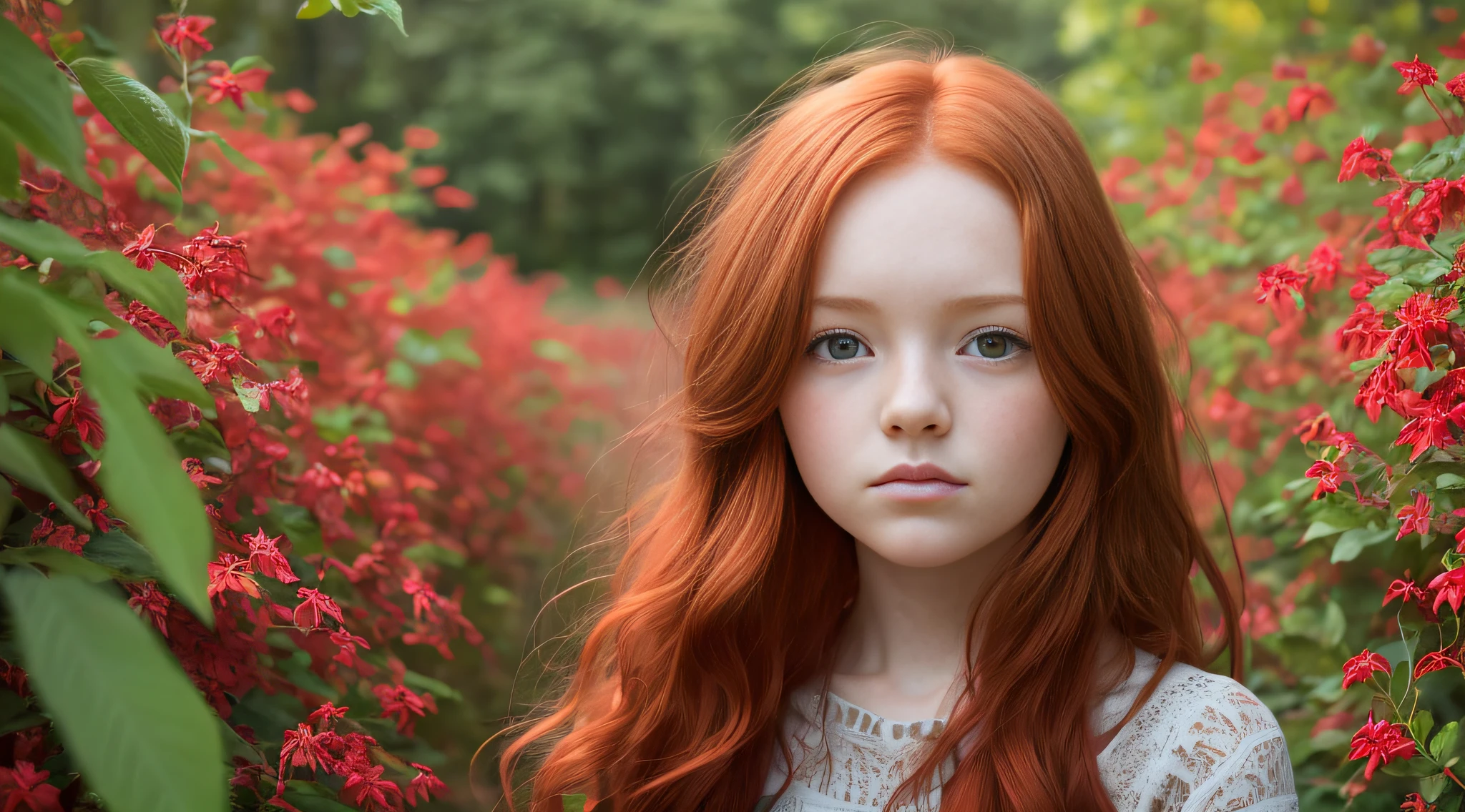 there is a young girl with long red hair looking down, red hair and attractive features, portrait of a red haired girl, soft red hair, flowing ginger hair, red haired girl, ginger hair, wild ginger hair, redhead girl, cute young redhead girl, red hair girl, red head, hair blocking eyes, reddish hair, auburn hair, long loose red hair