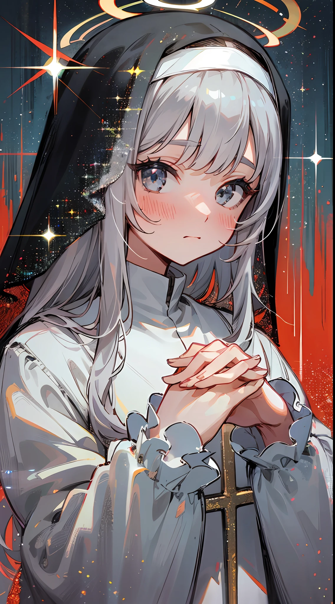 mirrornun, portrait, 1girl, solo, nun, upper body, long sleeves, blush, habit, own hands together, long hair, looking at viewer, closed mouth, halo, bangs, dress, grey eyes, black dress, sparkle, hands up, grey hair, veil