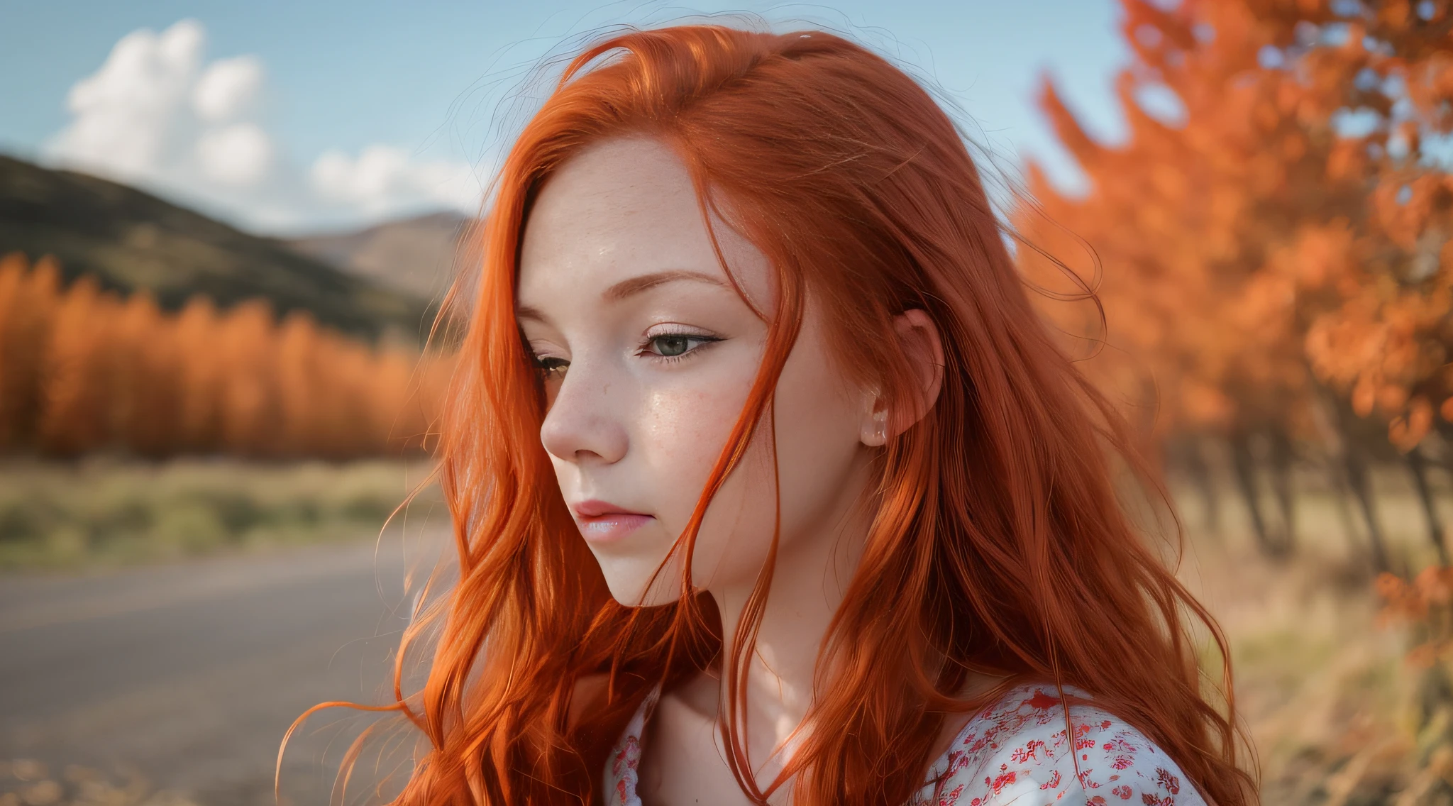 there is a young girl with long red hair looking down, red hair and attractive features, portrait of a red haired girl, soft red hair, flowing ginger hair, red haired girl, ginger hair, wild ginger hair, redhead girl, cute young redhead girl, red hair girl, red head, hair blocking eyes, reddish hair, auburn hair, long loose red hair