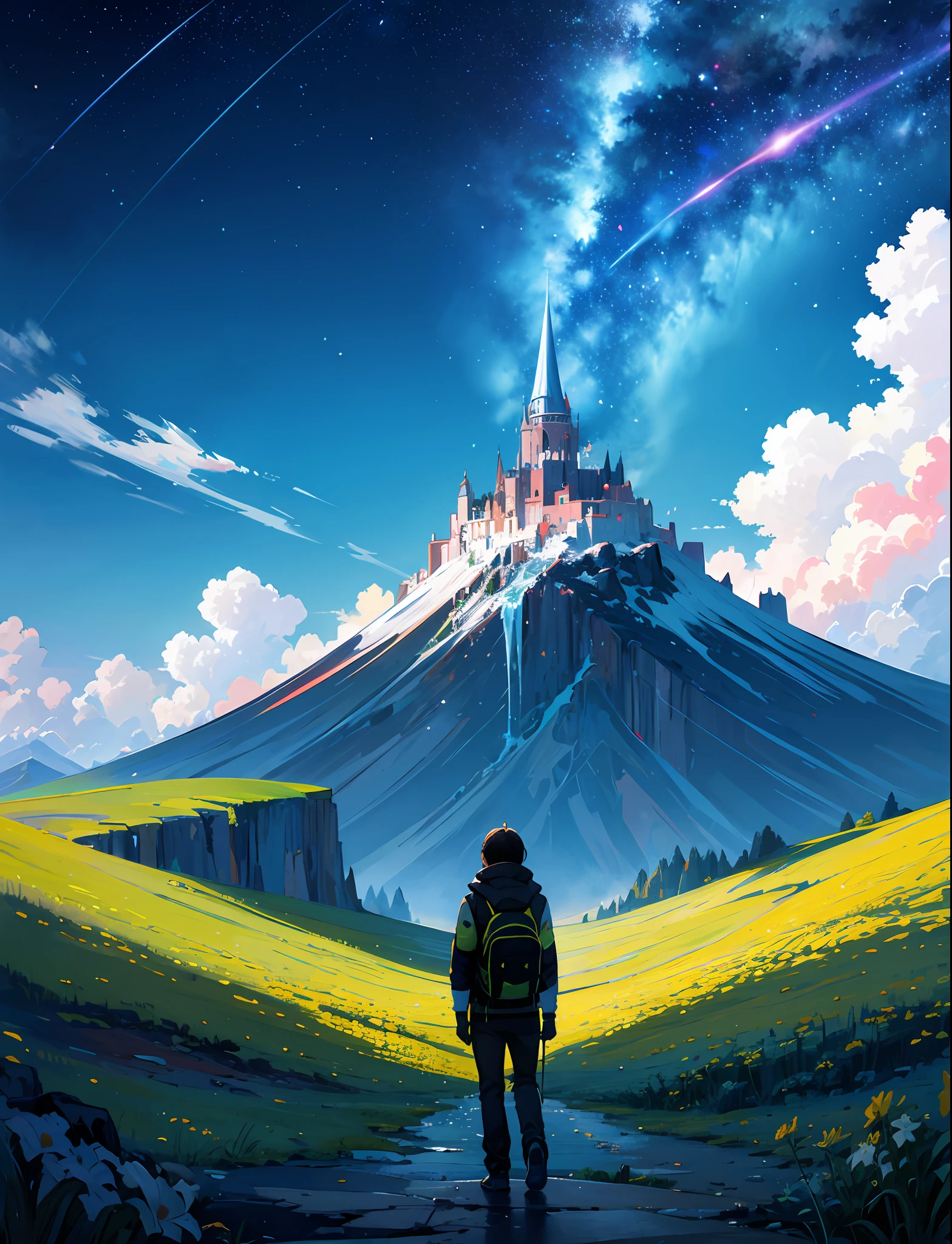 Masterpiece, neon stars, flowers around, god, truth, anticipation, depth, insight, understanding, mountain, galactic lush translucent clouds, spectrum, panorama,