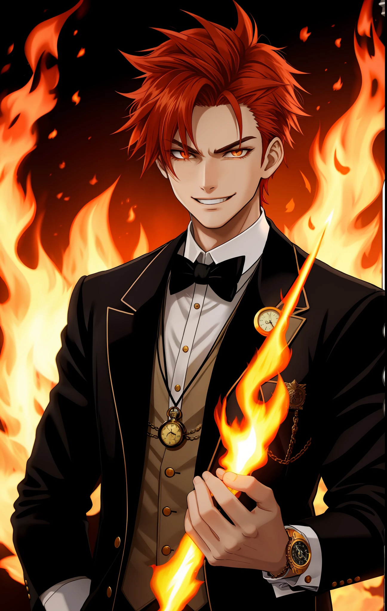 Young man wearing social vest, pocket watch, fire hair, with flames around, holding a cane, aura of fire, smiling, evil look, mystical aura