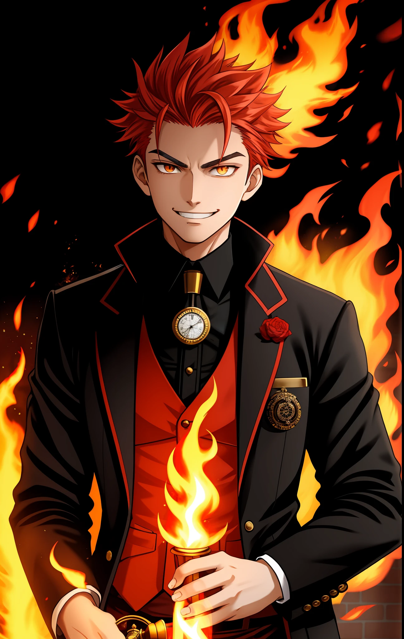 Young man wearing social vest, pocket watch, fire hair, with flames around, holding a cane, aura of fire, smiling, evil look, mystical aura