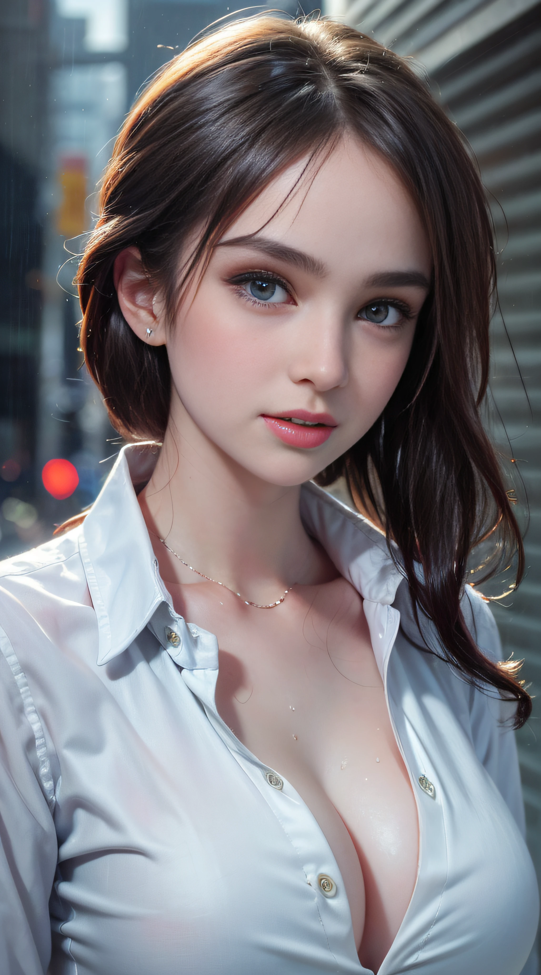 ((Best Quality, 8K, Masterpiece: 1.3)), Sharp: 1.2, Perfect Body Beauty: 1.4, Slim Abs: 1.2, ((Layered Hairstyle, Big Breasts: 1.2)), (Wet White Button Long Shirt: 1.1), (Rain, Street: 1.2), Wet: 1.5, Highly detailed face and skin texture, detailed eyes, double eyelids, side face looking at the camera