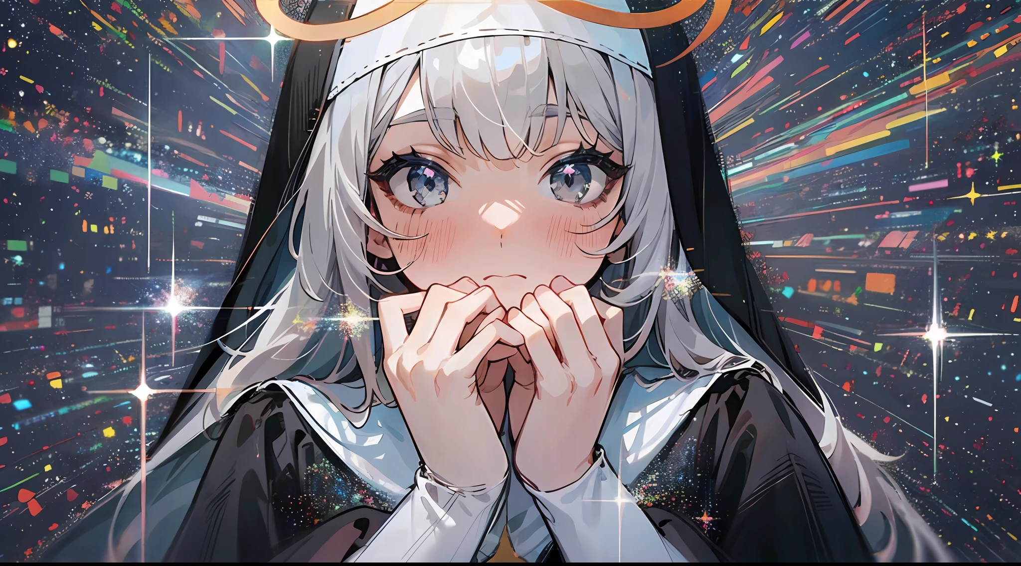 mirrornun, portrait, 1girl, solo, nun, upper body, long sleeves, blush, habit, own hands together, long hair, looking at viewer, closed mouth, halo, bangs, dress, grey eyes, black dress, sparkle, hands up, grey hair, veil