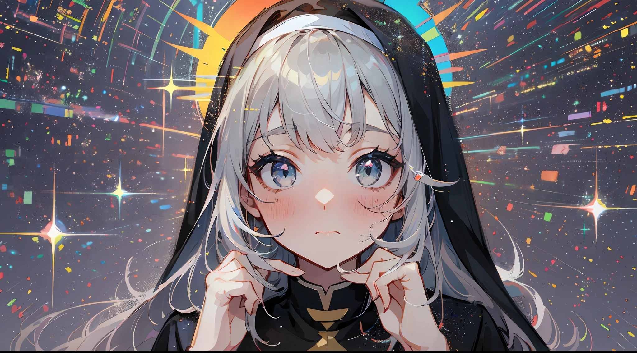 mirrornun, portrait, 1girl, solo, nun, upper body, long sleeves, blush, habit, own hands together, long hair, looking at viewer, closed mouth, halo, bangs, dress, grey eyes, black dress, sparkle, hands up, grey hair, veil