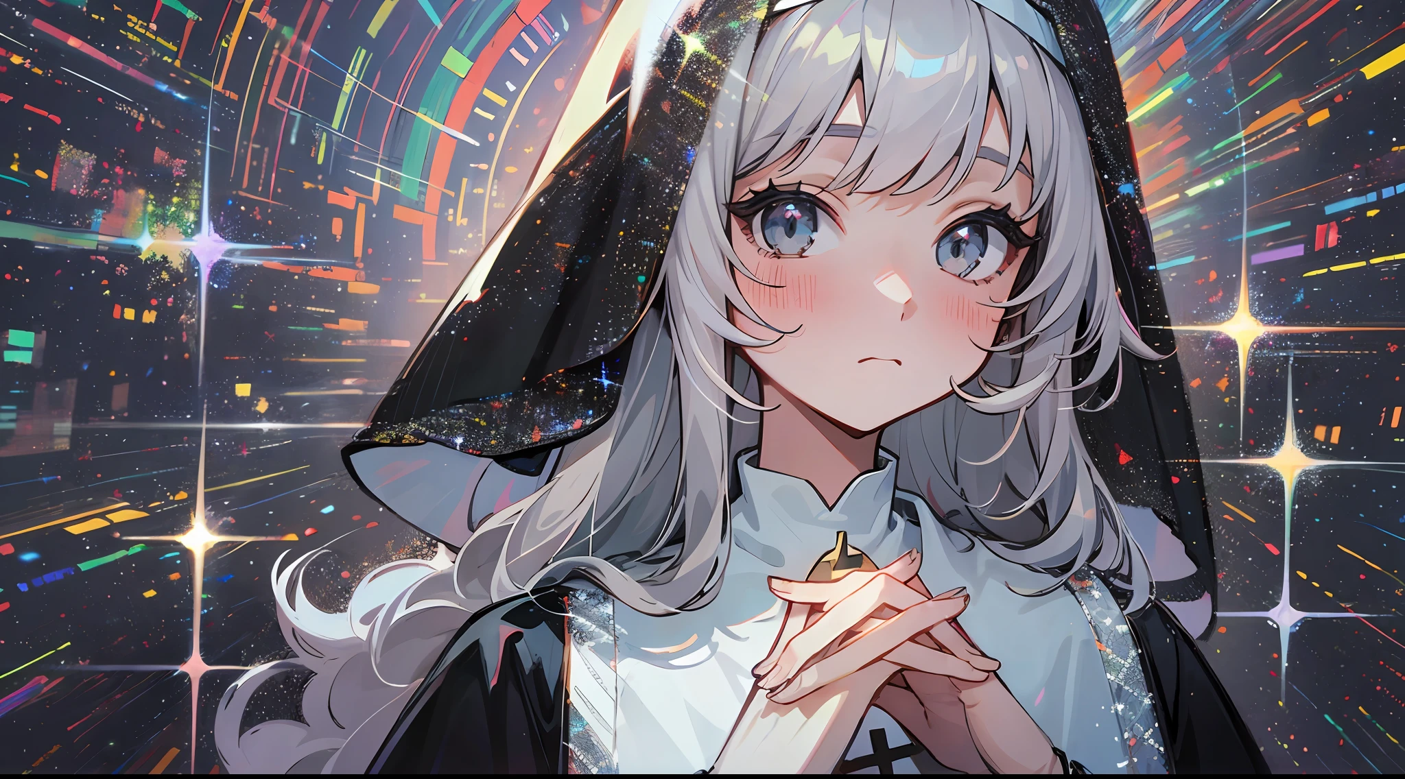 mirrornun, portrait, 1girl, solo, nun, upper body, long sleeves, blush, habit, own hands together, long hair, looking at viewer, closed mouth, halo, bangs, dress, grey eyes, black dress, sparkle, hands up, grey hair, veil