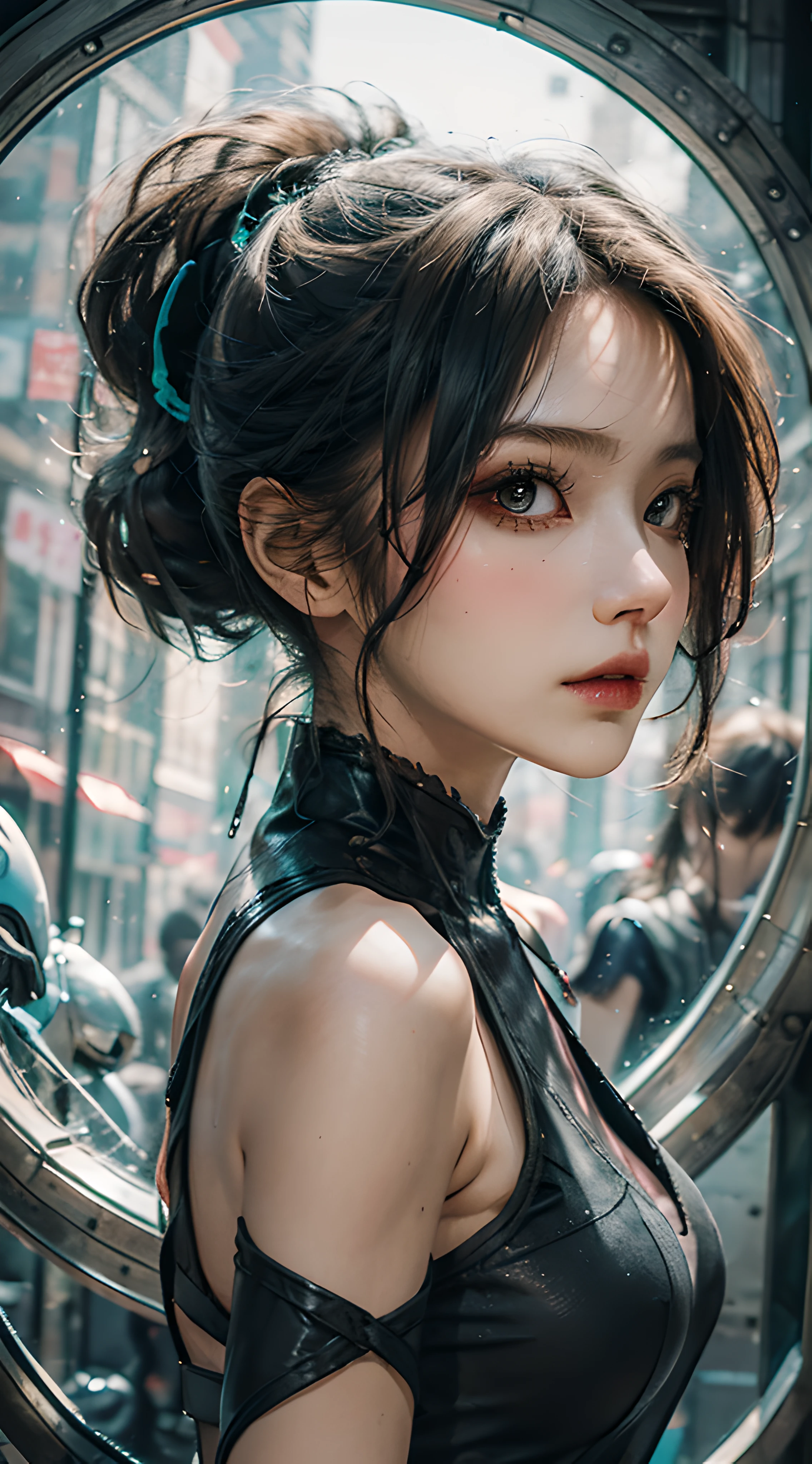 A girl, Dressed in gorgeous cyan Hanfu, Headwear, Stand in the center of the picture, In the background is a cyberpunk wall surrounded by mechanical dragons in a circular circle, Futurism, Conceptual art, chiaroscuro, reflection light, blending, character chart, first-person view, panorama, fisheye, caustics, UHD, masterpiece, ccurate, textured skin, super detail, high details, high quality, highres, 8k