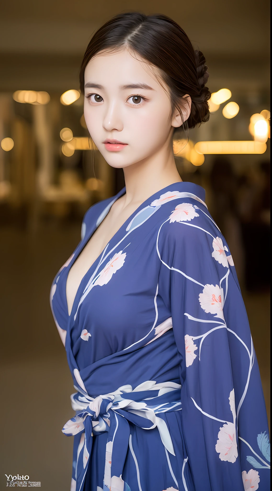 Top quality, realistic, perfect human body structure, very detailed, very delicate and beautiful, RAW photo, night fireworks display, yukata figure, professional lighting, face lighting, depth of field, single focal, pull photo, 13 year old woman, brown hair, brown eyes, small head, ((big)), baby face, fashion girl, beautiful eyes, real face, real skin, realistic face, realistic skin, detailed eyes, (half updo: 1.3), Sexy pose, viewer, looking at detailed face and breasts, middle school student