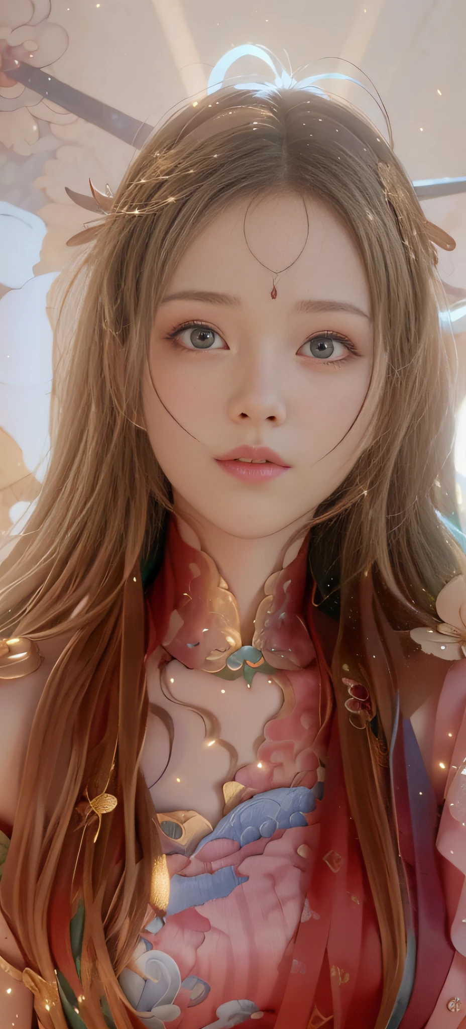 (RAW photo, best quality), (realistic, photo-realistic:1.3),best quality,highly detailed,masterpiece,ultra-detailed,illustration,1girl,upper_body,dynamic angle,world masterpiece theater,messy_long_hair,best quality,extremely detailed CG unity 8k wallpaper,ink,Amazing,cinematic lighting,lens_flare, dunhuang_style