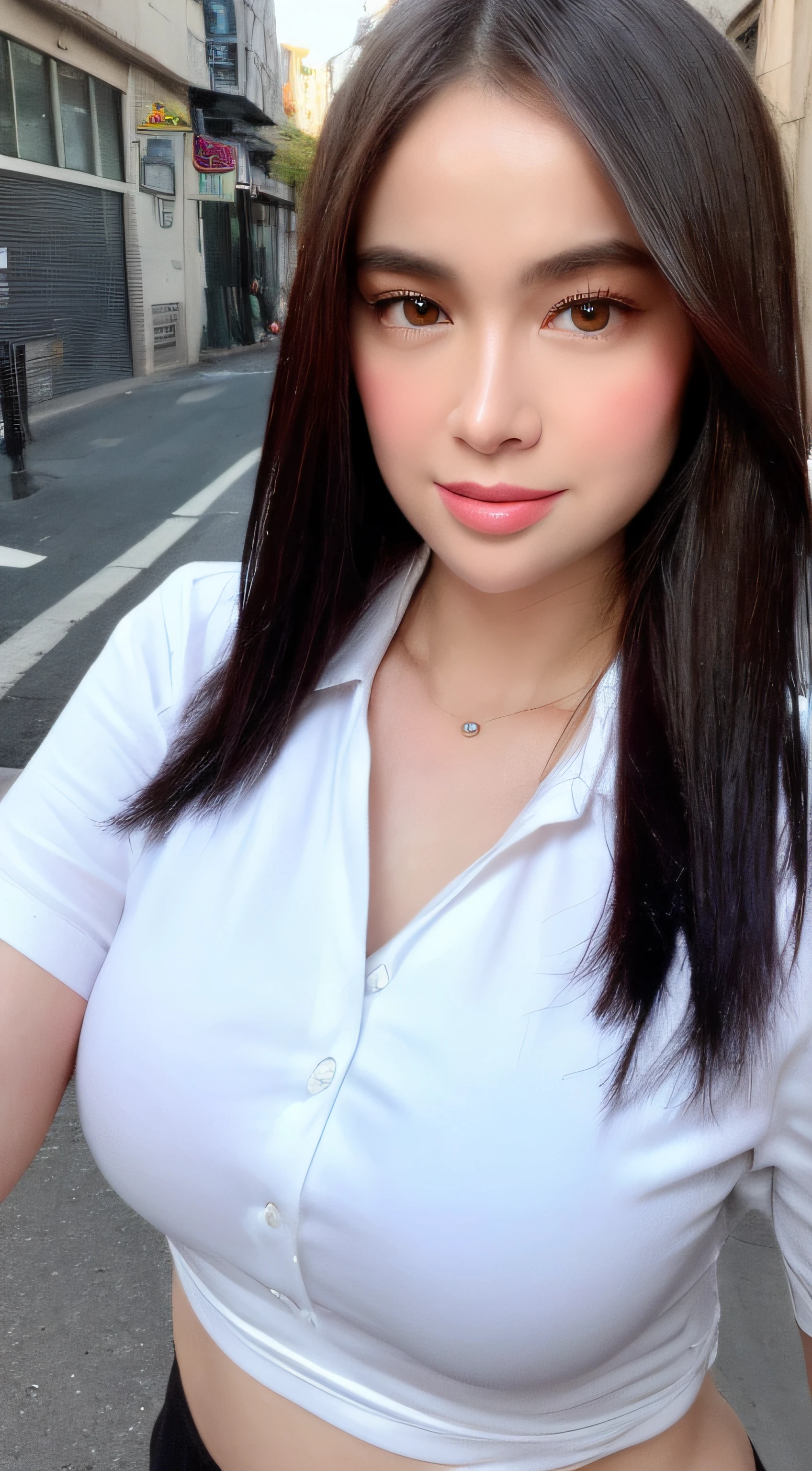 ((Best Quality, 8K, Masterpiece: 1.3)), Sharp: 1.2, Perfect Body Beauty: 1.4, Slim Abs: 1.2, ((Layered Hairstyle, Big Breasts: 1.2)), (Wet White Button Long Shirt: 1.1), (Rain, Street: 1.2), Wet: 1.5, Highly Detailed Face and Skin Texture, Detailed Eyes, Double Eyelids, Looking at the Camera