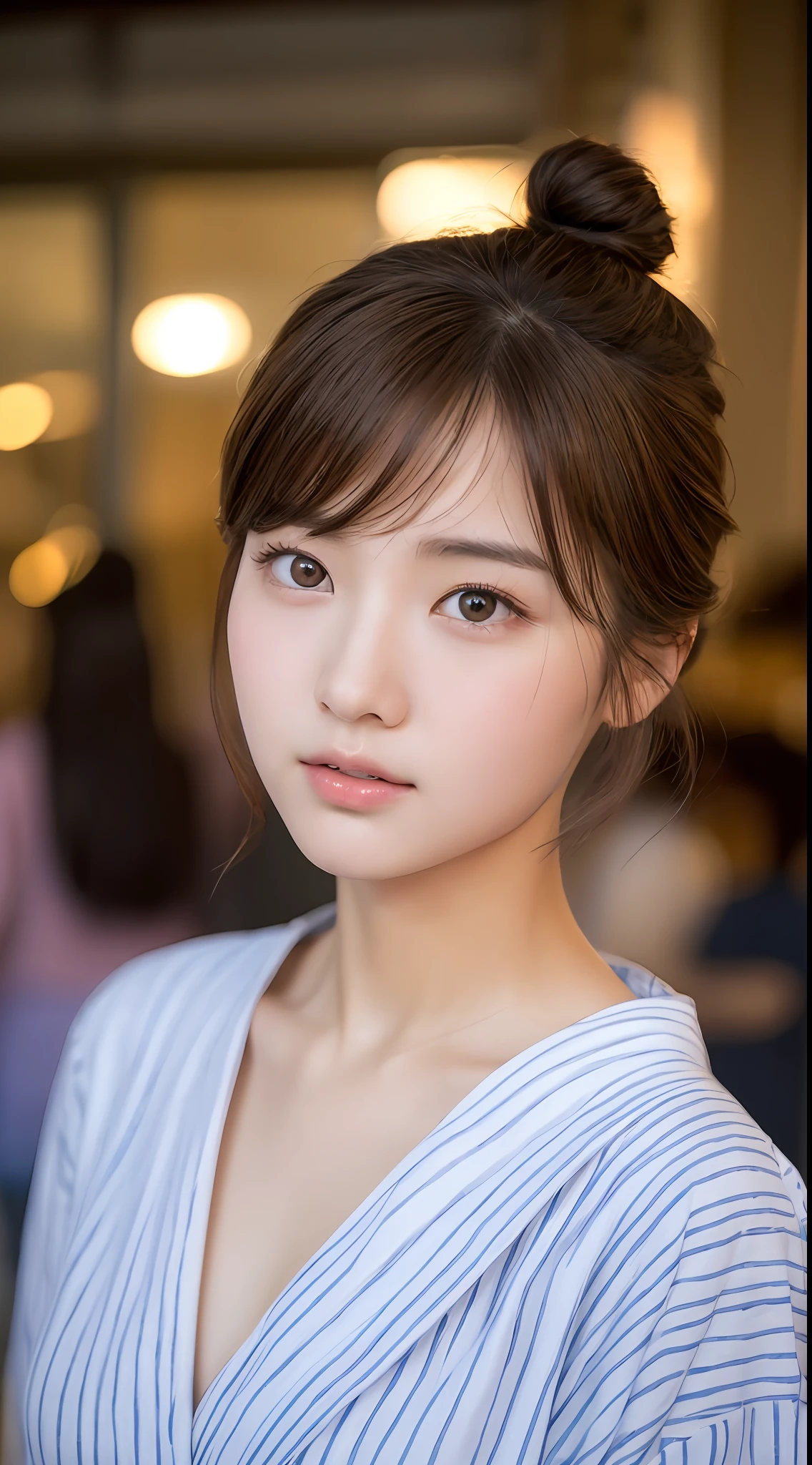 Top quality, realistic, perfect human body structure, very detailed, very delicate and beautiful, RAW photo, night fireworks display, yukata figure, professional lighting, face lighting, depth of field, single focal, pull photo, woman, brown hair, brown eyes, small head, ((big)), baby face, ion girl, beautiful eyes, real face, real skin, realistic face, realistic skin, detailed eyes, (half updo: 1.3), Sexy pose, viewer, looking at detailed face and breasts, middle school s