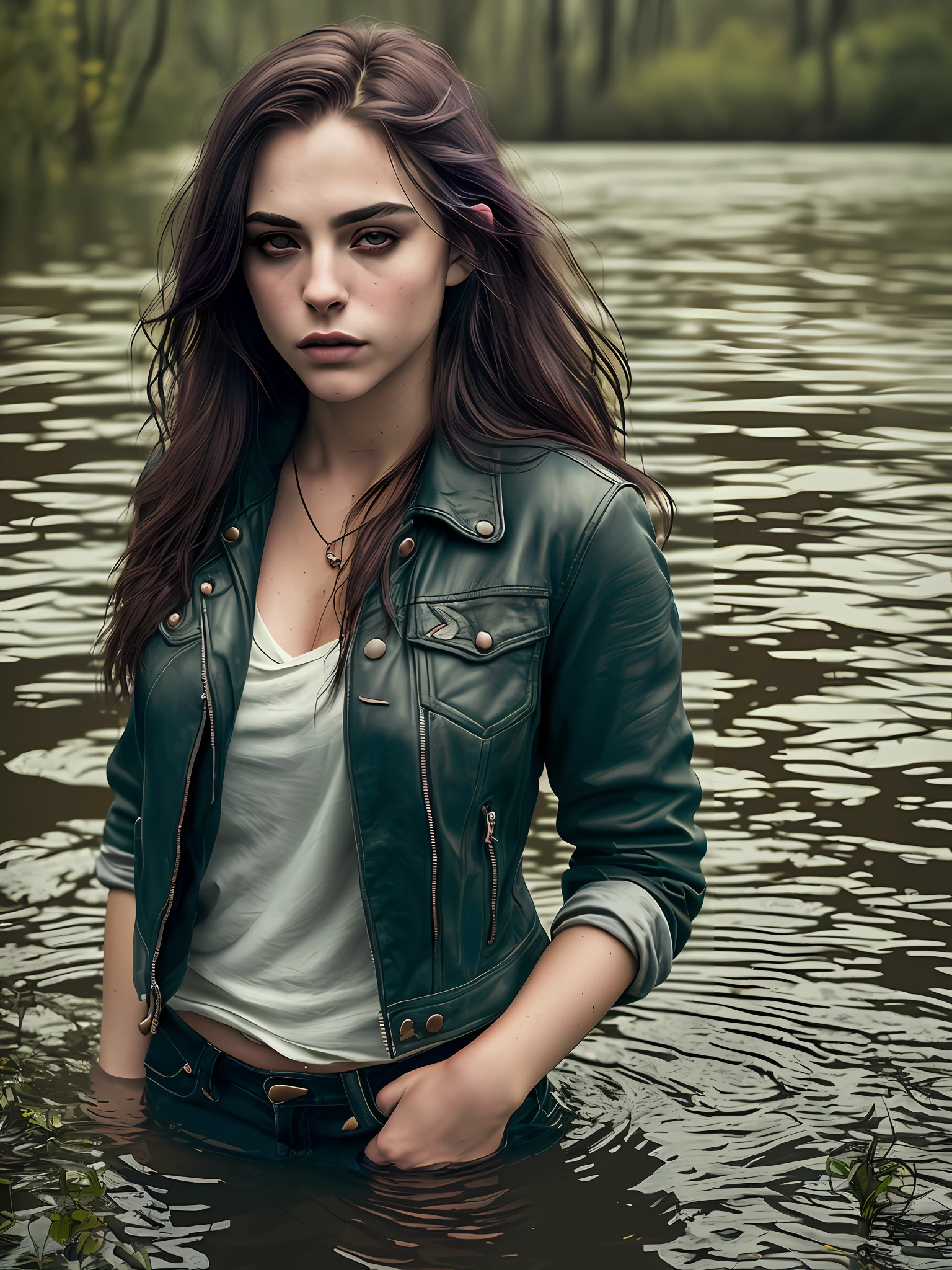 (Masterful photography, excellent quality, realistic image), (((Deep twilight))), (swamp, dramatic lighting, shading from below), realistic image of a woman, not outstanding appearance, in blue jeans and leather jacket, drowning in a swamp, blushing face