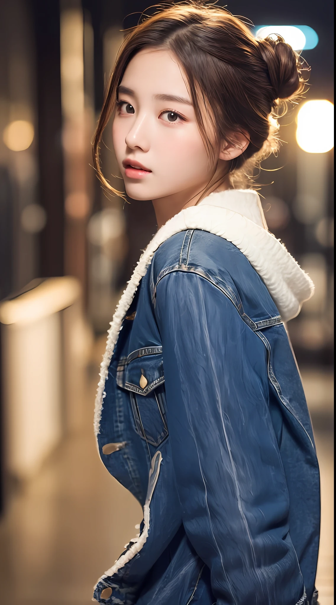 Top quality, realistic, perfect human body structure, very detailed, very delicate and beautiful, RAW photos, (Aurora in the night sky), knitted hats, down jackets, denim pants, professional lighting, face lighting, depth of field, single focal, pull photo, 13 year old woman, brown hair, brown eyes, small head, ((big)), baby face, fashion girl, beautiful eyes, real face, real skin, realistic face, realistic skin, Detailed eyes, (half updo:1.3), sexy pose, viewer, detailed face and breast look, middle school student