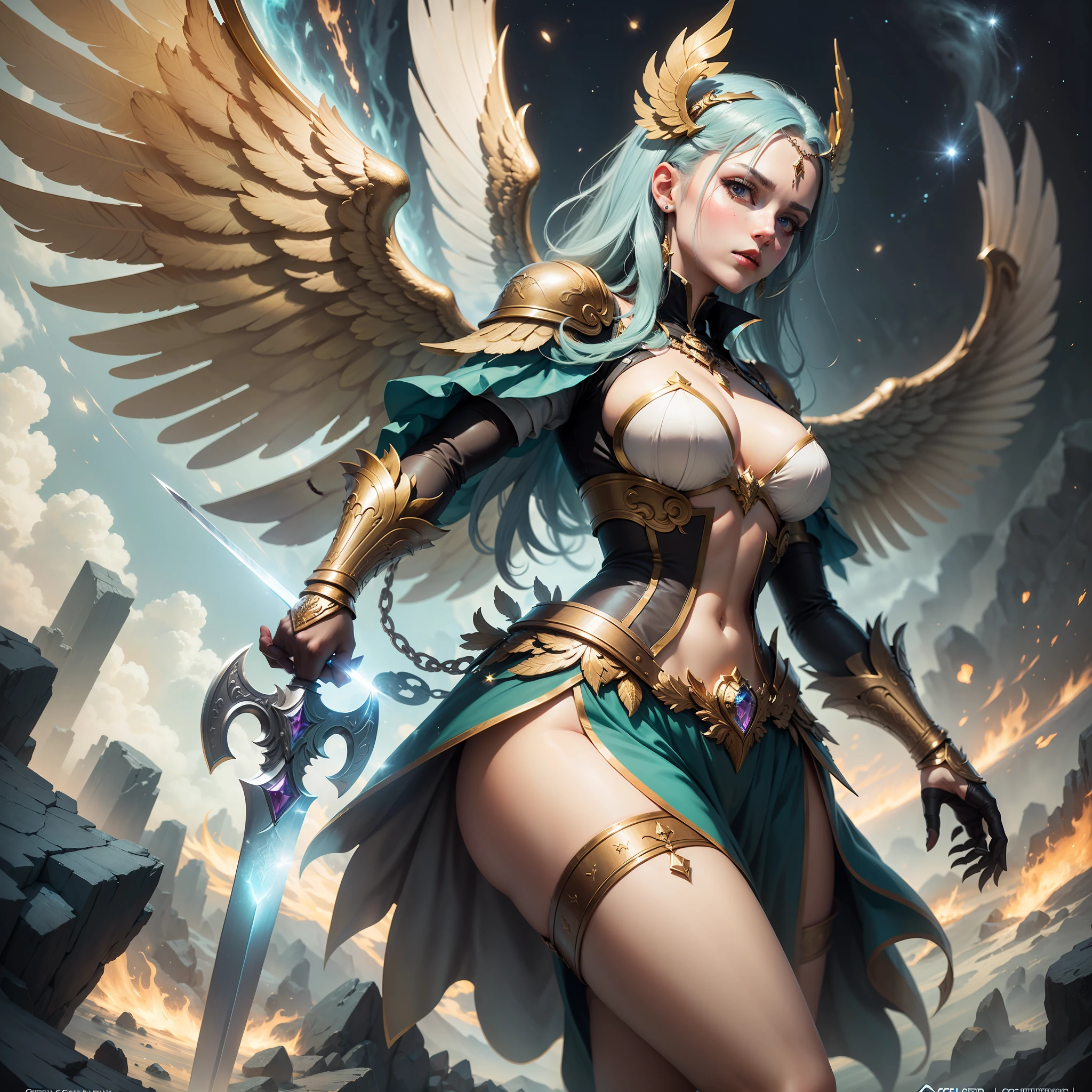 Winged character with glorious sword, character from the universe perfect Word (( computer game)) (( game of the level UP games)), golden majestic wings, mystical environment, heartache, Ultra HD, high resolution, photoshop, Corel, perfection, masterpiece,