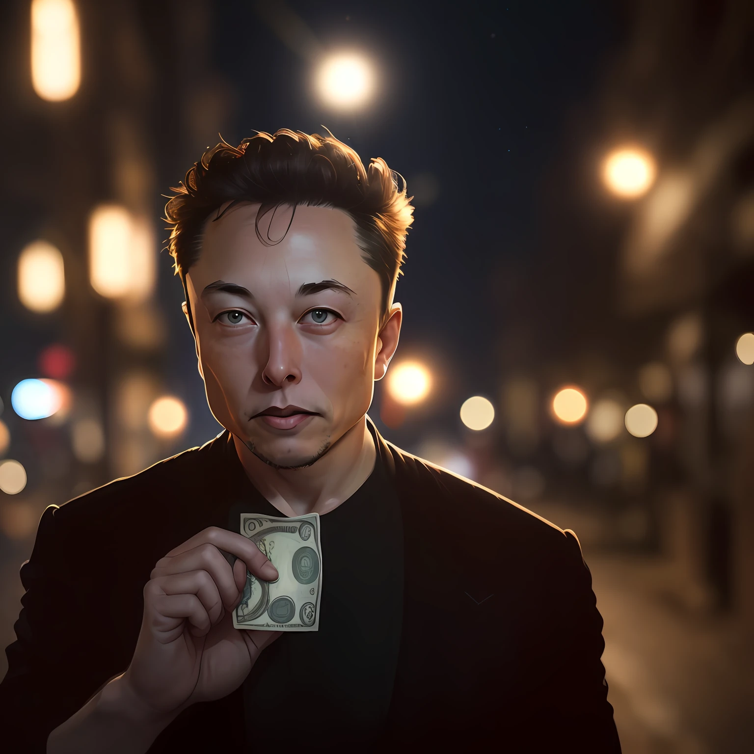 Award-winning portrait photo of Elon Musk's upper body holding money in hand eyes looking up (bokeh: 0.7), side lighting, telephoto, moonlight, torches, sandy atmosphere, street night exterior, realistic details and real skin texture --auto