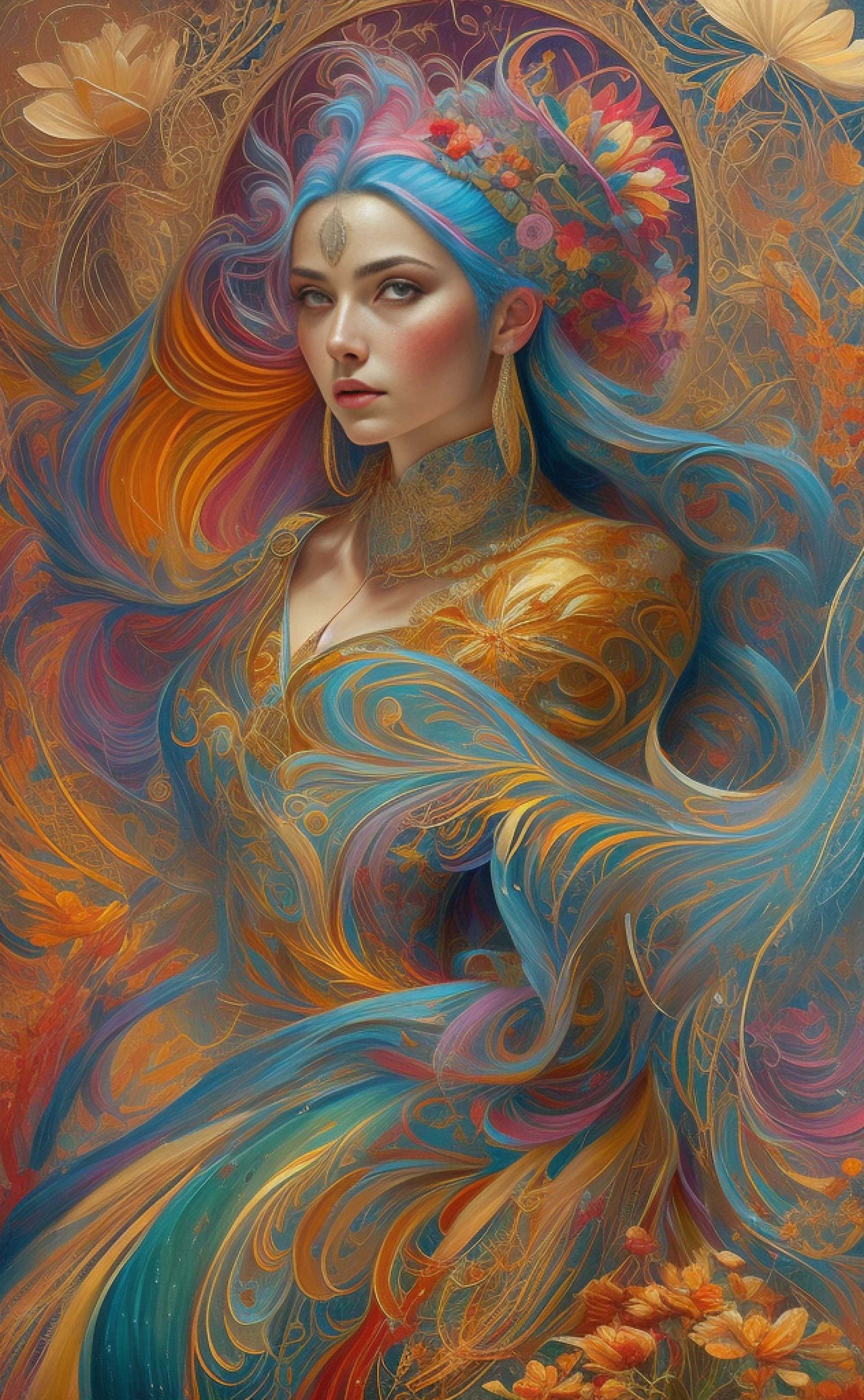 a painting of a woman with a blue hair and a colorful dress, karol bak uhd, intricate digital painting, 4k highly detailed digital art, beautiful art uhd 4 k, goddess. extremely high detail, beautiful digital artwork, highly detailed digital art, mucha style 4k, colorfull digital fantasy art, gorgeous digital art