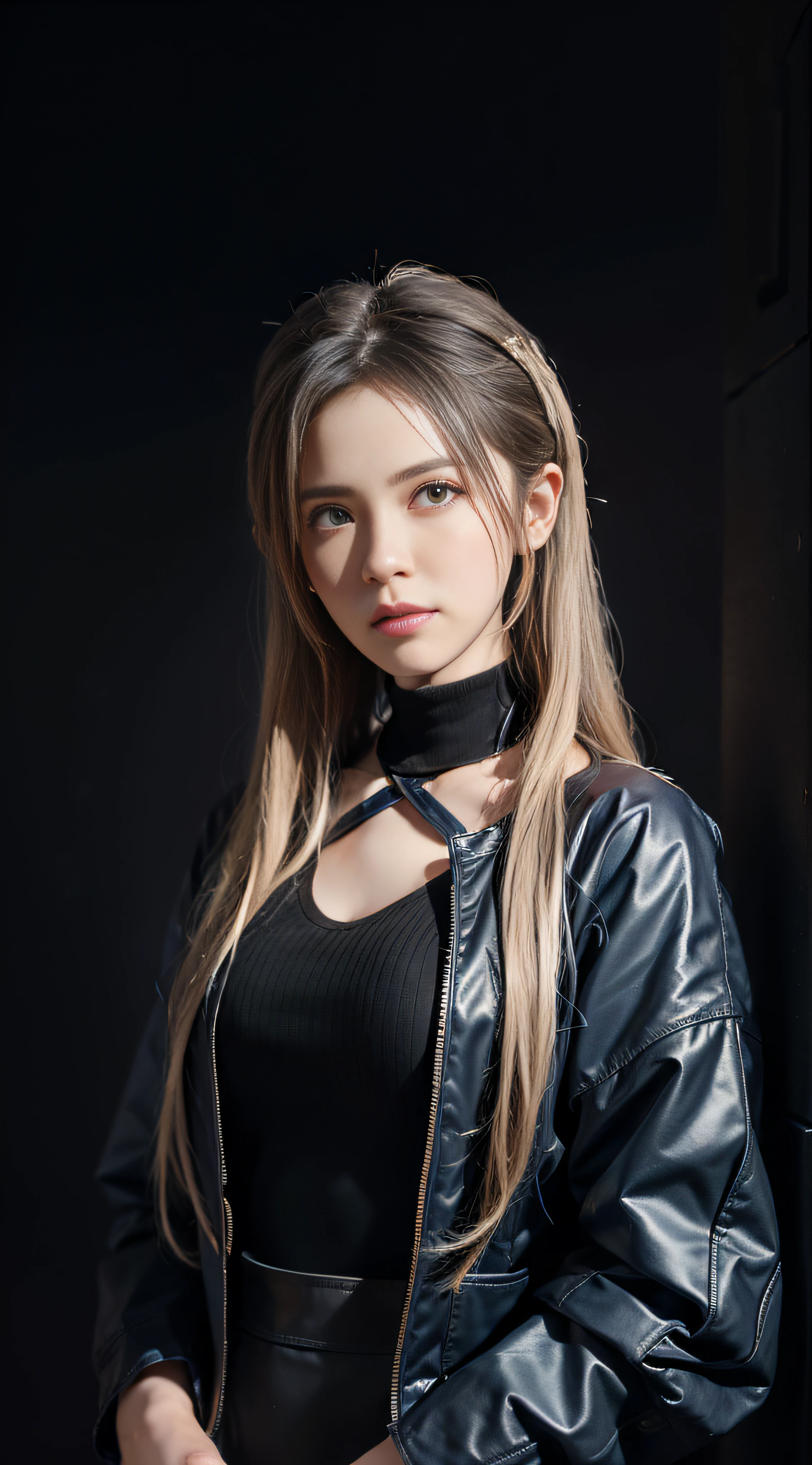 Hyperrealist portrait of female by david hockney and alphonse mucha,fantasy art, photo realistic, dynamic lighting, artstation, poster, volumetric lighting, very detailed faces, 4 k, award winning,, 1girl, in the dark, deep shadow, low key,cowboy shot,(official clothing:1.4) ,long hair,white hair,