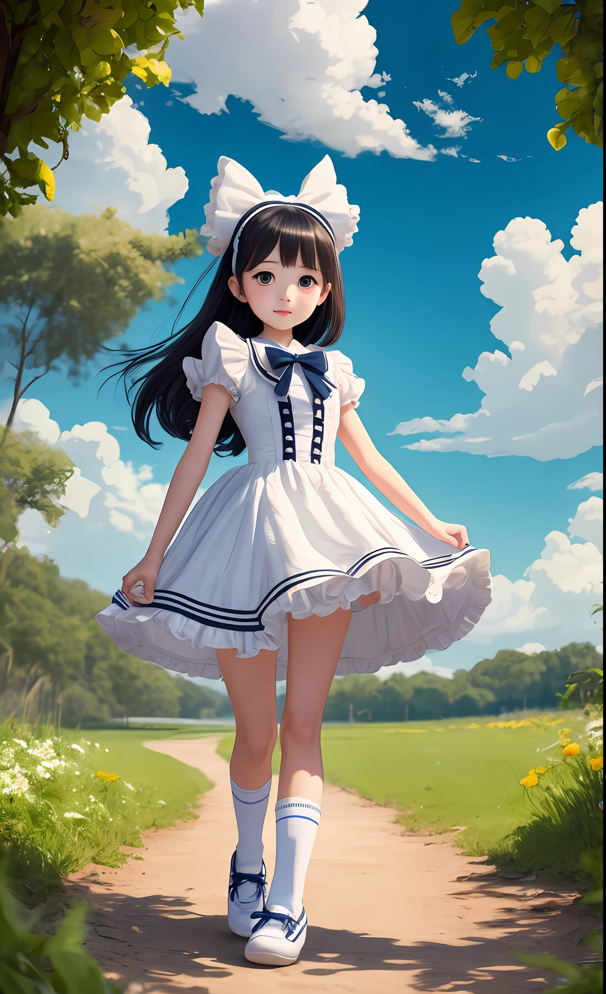 A delicate girl with a round face, upturned nose, big eyes, black hair, wearing Lolita, red Lolita shoes, white Lolita socks, running on the field, blue sky and white clouds --auto --s2