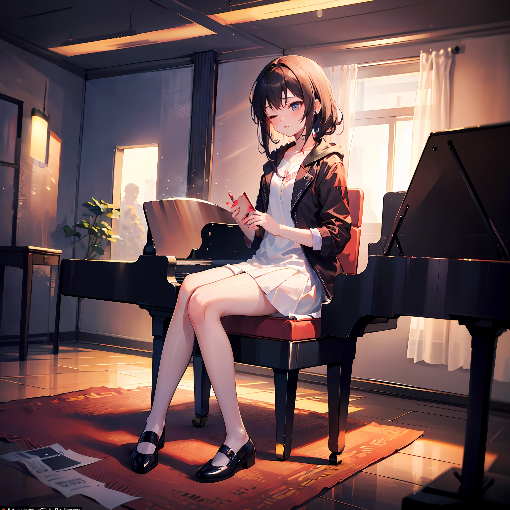 At dusk, an 18-year-old girl was playing the piano with her eyes closed in the room, her hands and legs covered by the piano