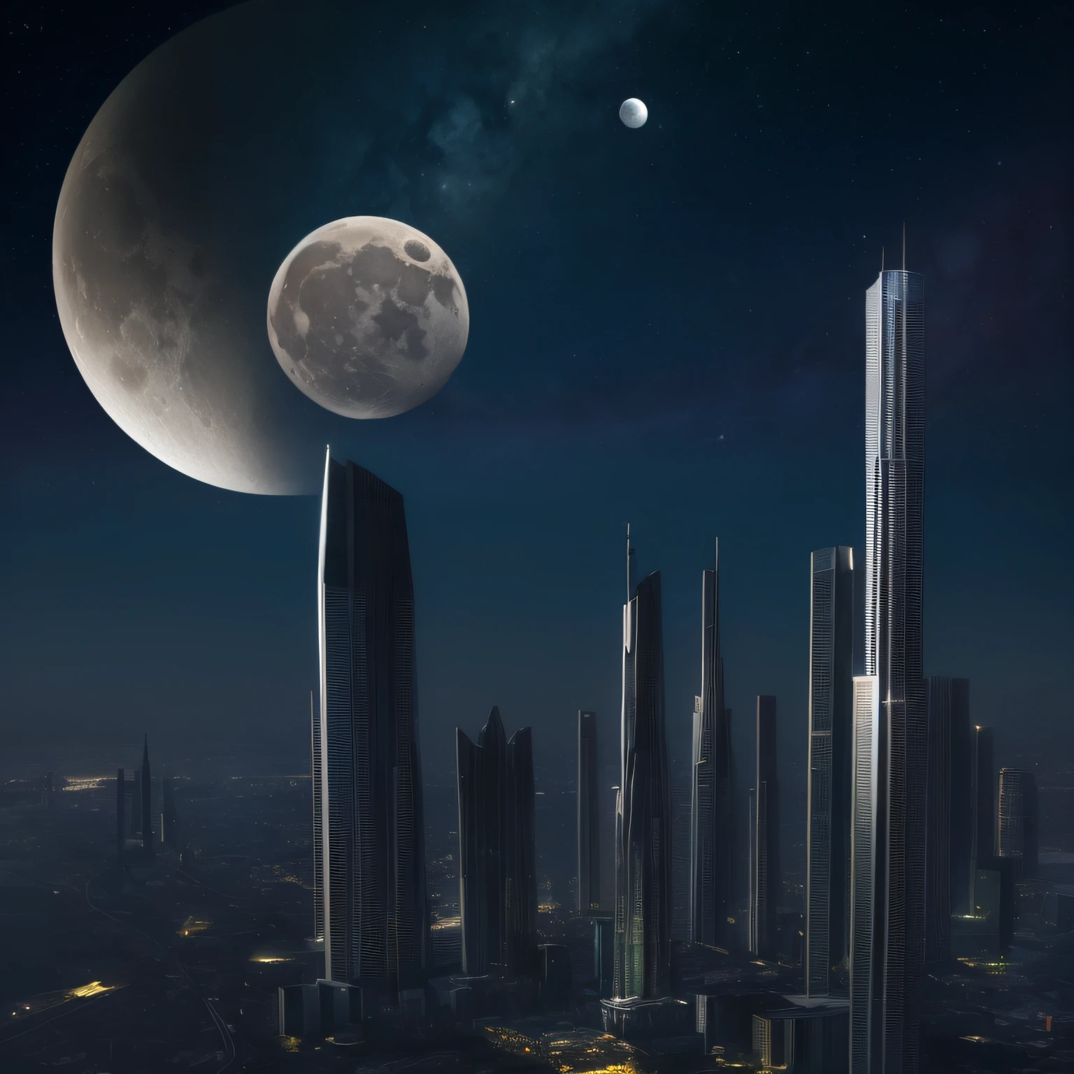 futuristic city with broken moon, glass buildings, flying cars, planets appearing prominently --auto --s2