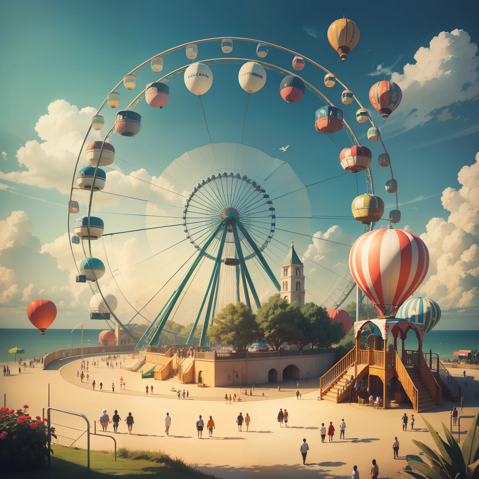 Ferris wheel, roller coaster, carousel, lots of air balloons, playground, seaside, greenery, people come and go, have fun