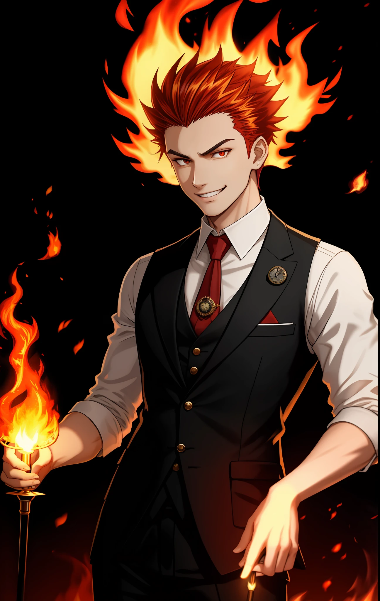 Young man wearing social vest, pocket watch, fire hair, with flames around, holding a cane, aura of fire, smiling, evil look, mystical aura