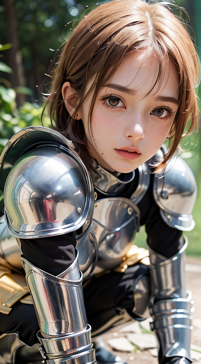 {{{(Masterpiece) (8k High Resolution) (Best Quality) (Super Definition) (Ultra Realistic) (Beautiful Girl) (RAW photo) (Photorealistic) (The most beautiful face) (Face and body without defects) (Super detailed) (Perfect body) (5 fingers) (9 heads)}}}, {{{(16 years old) (Very beautiful little face) (Big and cute eyes) (Full body shot) (Detailed soft skin) (Detailed face)}}}, sweaty soft skin, Pink short hair, background is wilderness, looking at camera, golden armor, general, female knight, wearing long golden boots, ((((very beautiful beautiful girl))), subject all over the screen, crouching