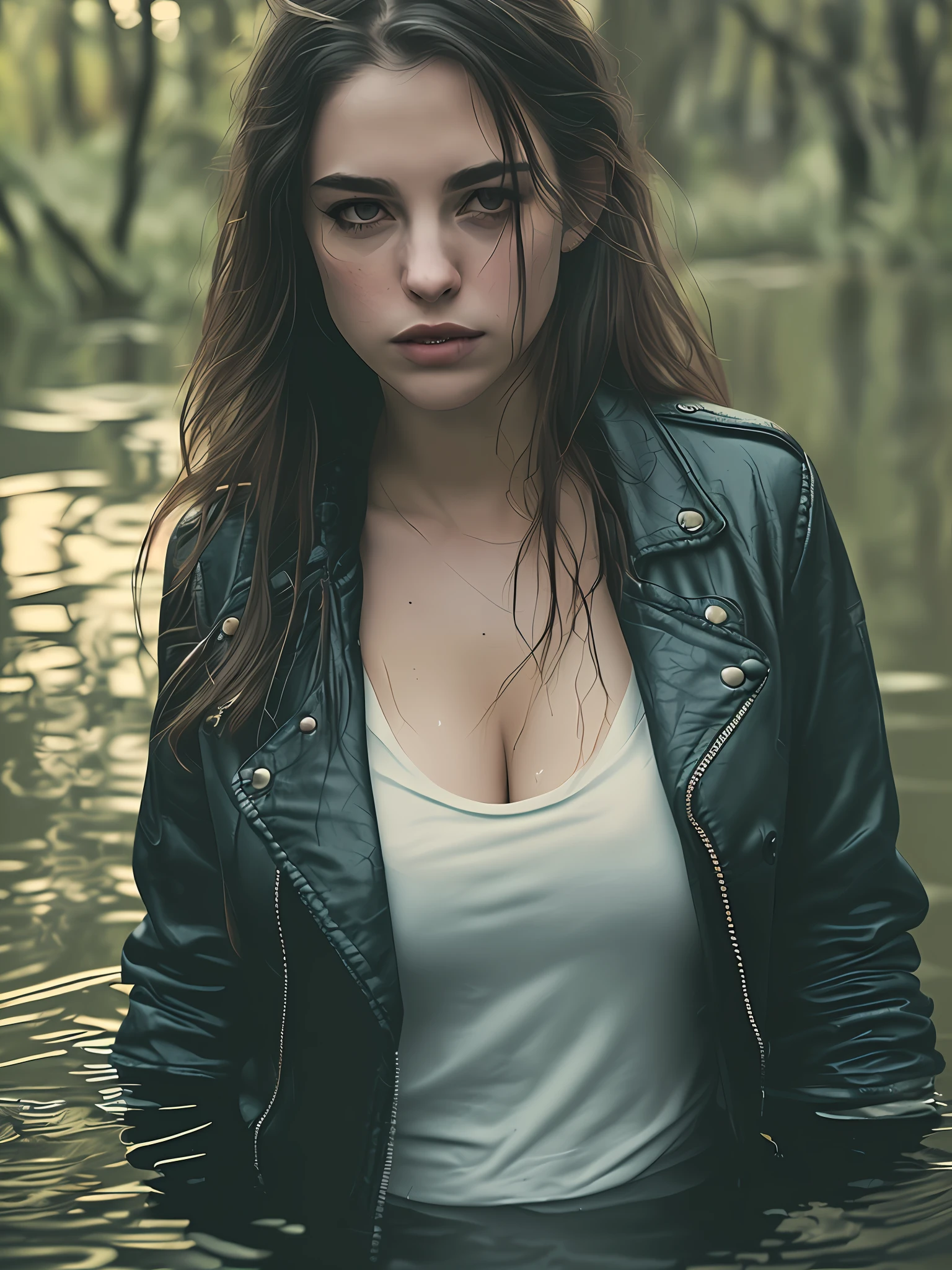 "(Twilight, swamp, dramatic lighting, shading from below), woman in blue jeans and leather jacket, sexually drowning in the swamp, blushing face."