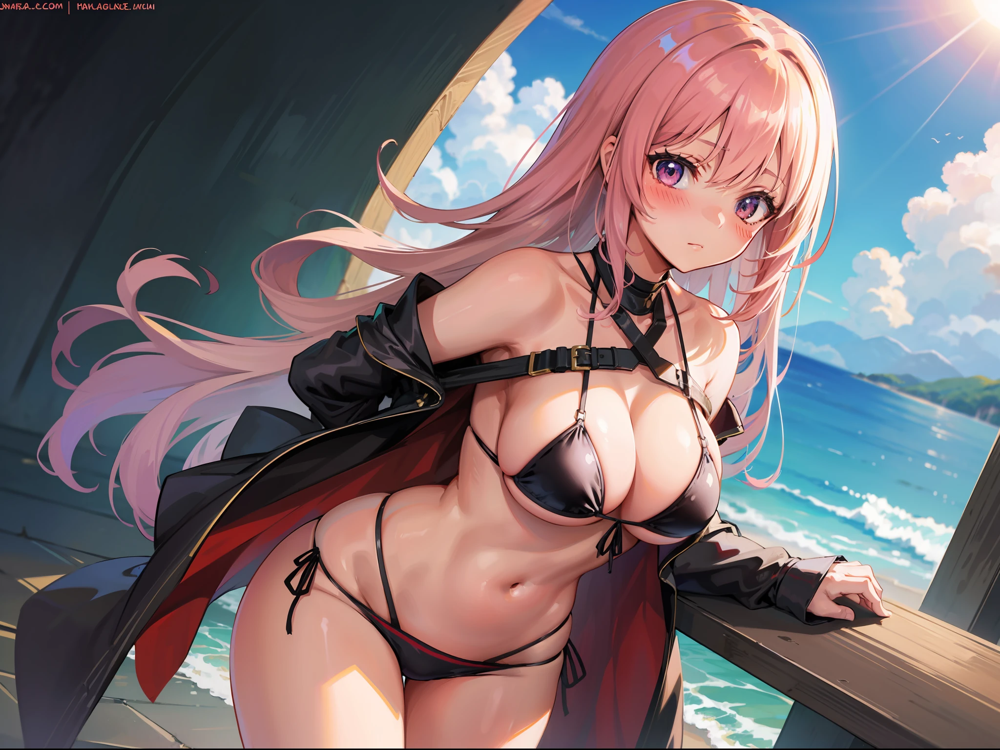 bikini armor, cute, blush, breakage undressing,, thighs,