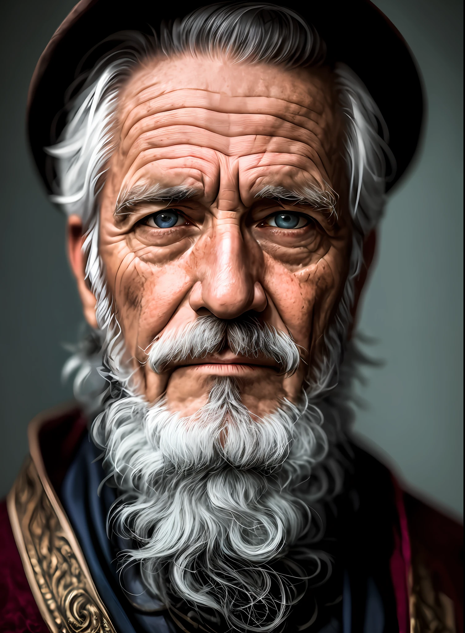 A portrait of a wizard, bearded, wrinkled, weathered, with piercing eyes, detailed face, high details, photography, dark studio, rim light, Nikon D850, 50mm, f/1.4