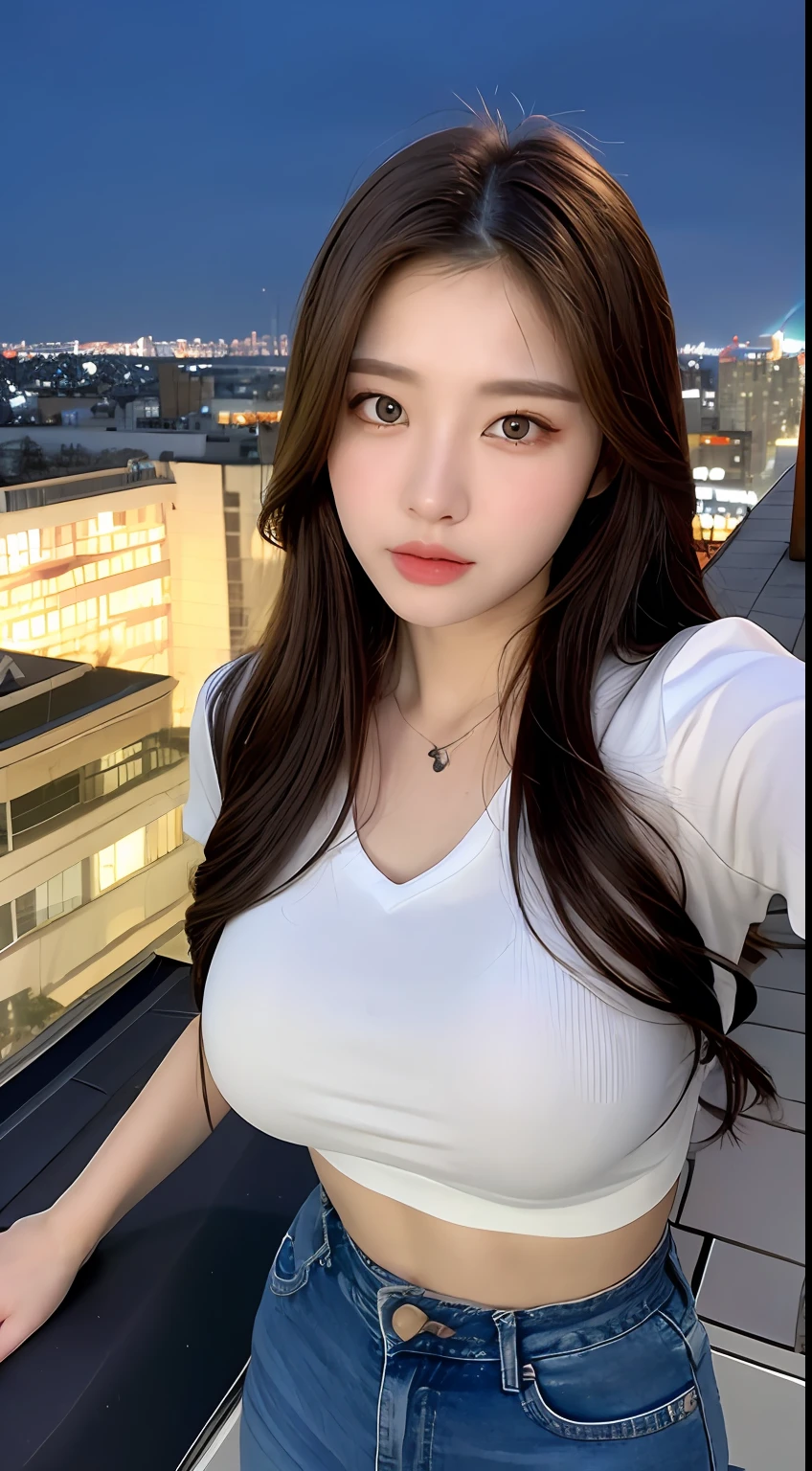 ((Midnight, Best quality, 8k, Masterpiece :1.3)), Whole body, Long legs, Sharp focus :1.2, A pretty woman with perfect figure :1.4, Slender abs :1.1, ((Dark brown hair, Big breasts :1.2)), (White tight tshirt, Jean bib, Standing:1.2), ((Night city view, Rooftop:1.3)), Highly detailed face and skin texture, Detailed eyes, Double eyelid