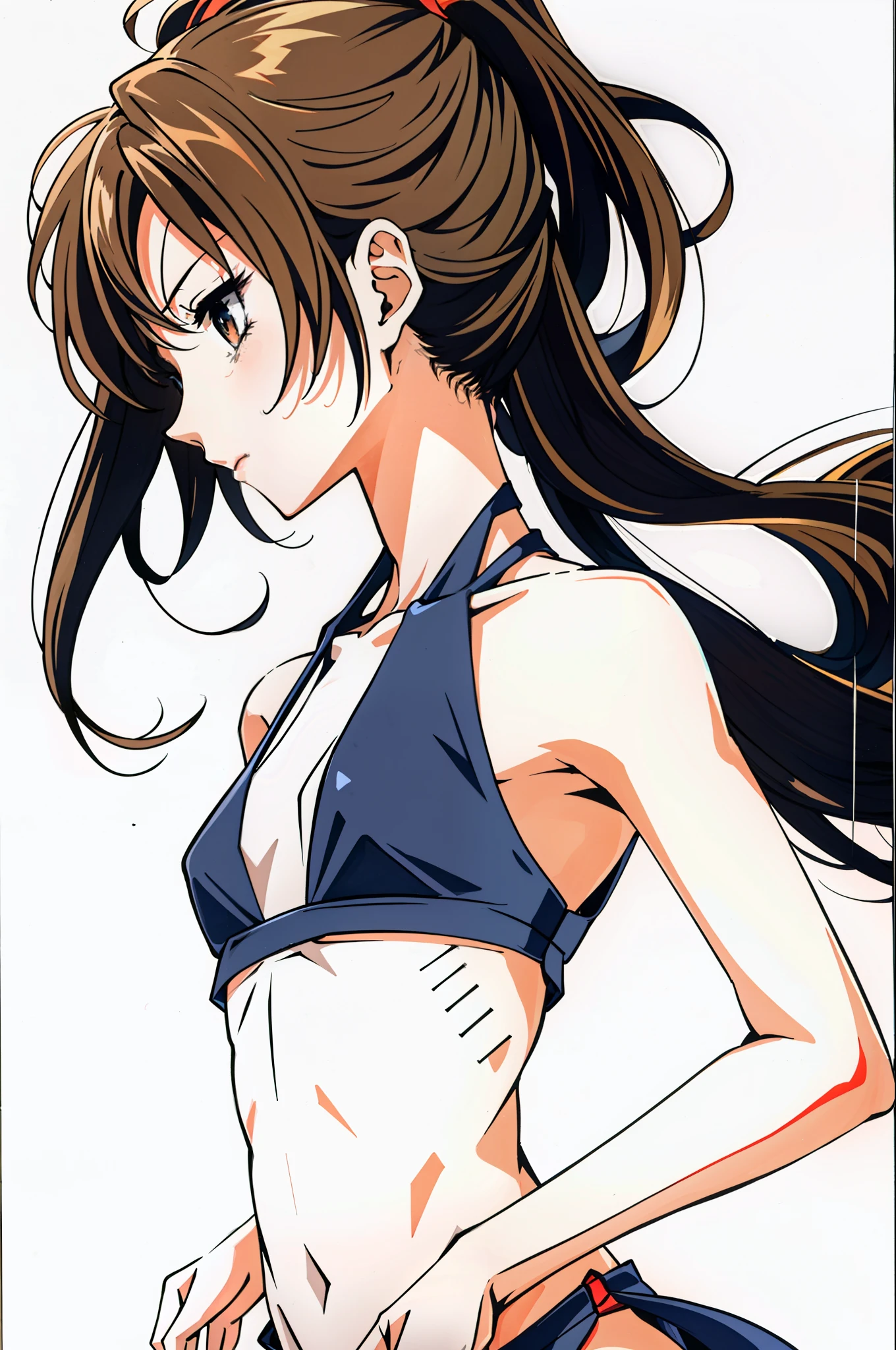 full body portrait photo, beautiful anorexic Asuka Langley, very skinny in bikini, visible bones and ribs, small flat breasts, very small waist, slender legs, beautiful face, very skinny anime girl profile, white background.