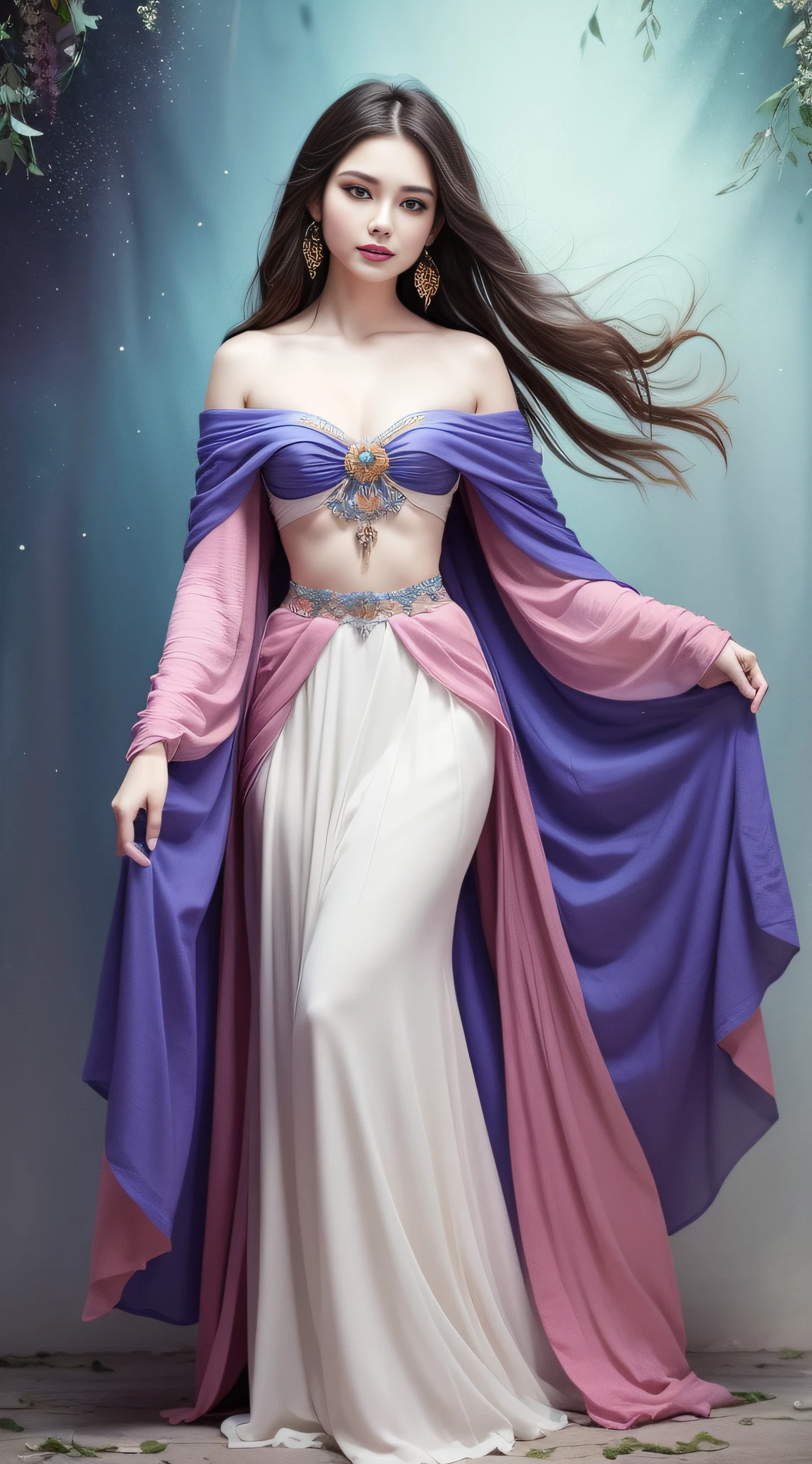 A beautiful woman, delicate facial features, enchanting smile, perfect body curves, wearing a long skirt, the scene exudes an ethereal and dreamy atmosphere, full of mystery and magic colors, the image style combines watercolor and digital illustration techniques, superb painting art, full body photos