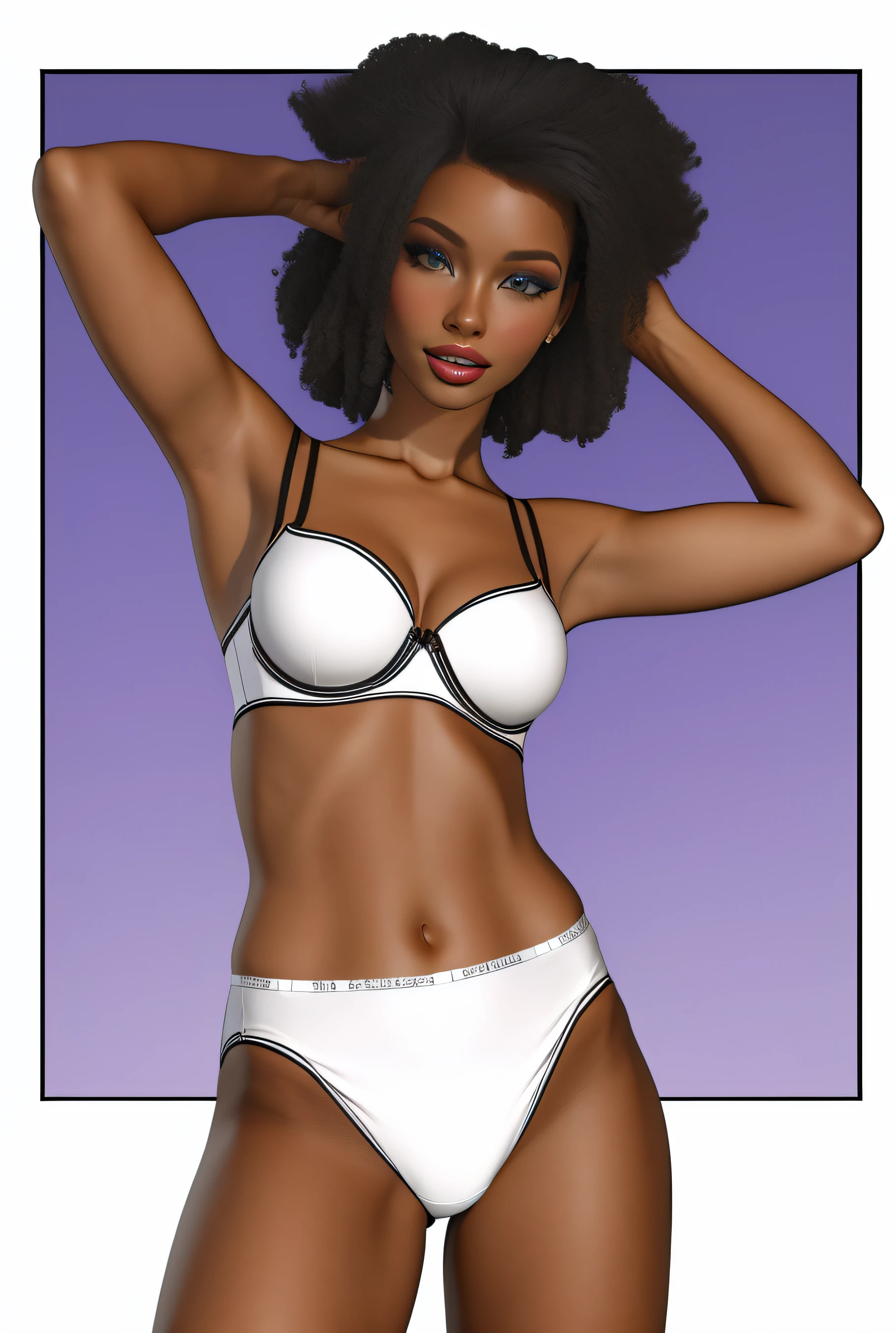 Shapely Black woman with Afro in white cotton bra and white high cut cotton panties, realistic 3D game model, intricate details