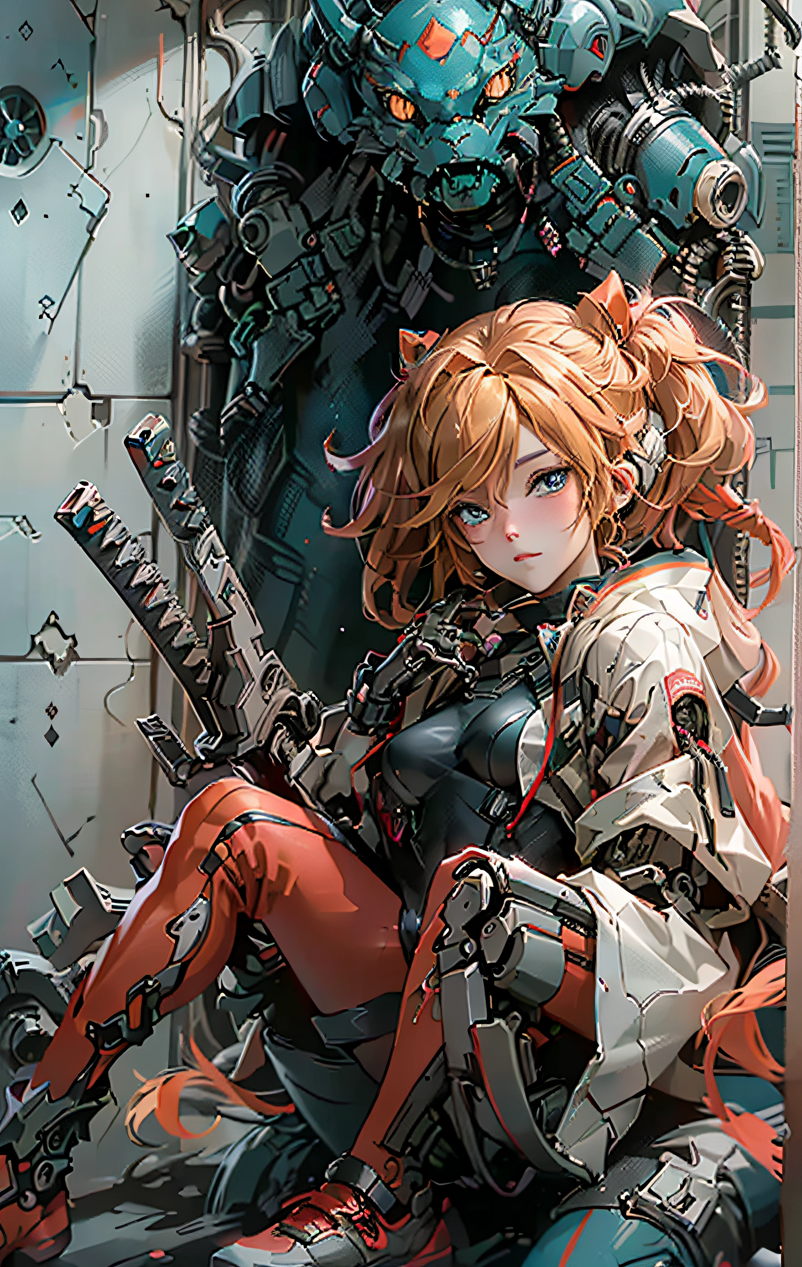(Top view), Dynamic angle, Ultra detail, Illustration, Close-up, Direct view, 1girl, ((Soryu Asuka Langley, jack headphones, Red tights: 1.4, blonde)), her eyes shine like dreamy stars, (glowing eyes: 1.233), (beautiful and detailed eyes: 1.1), (expressionless, mouth closed), (sitting), knees raised, (mechanical room with tools and spaceship windows in white spaceship), (night: 1.2), dreamy, [[delicate fingers and hands: 0.55]::0.85], (detail fingers),
