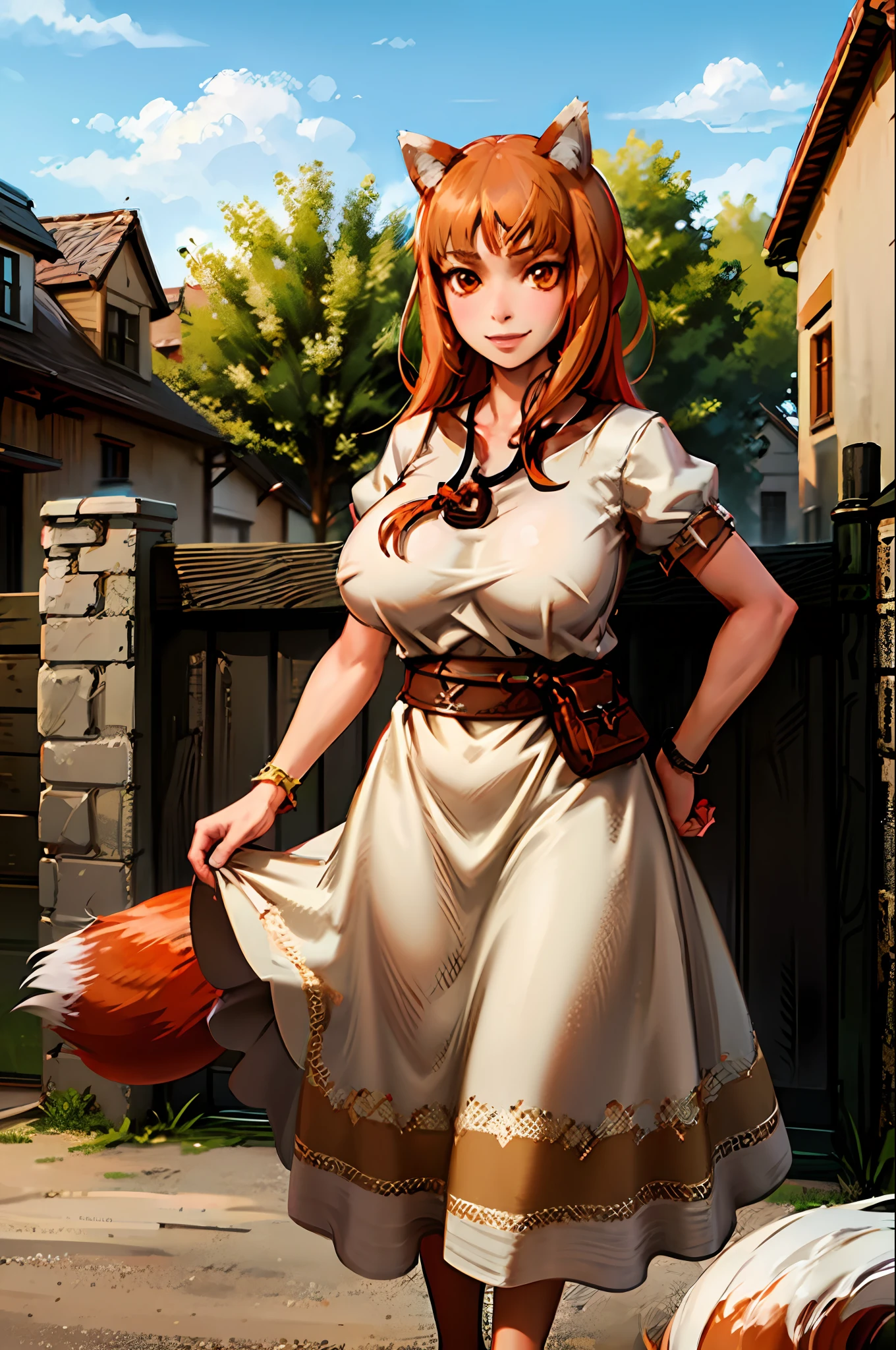 (holo:1.5), (holoBrownDress:1.5), masterpiece, best quality, absurdres, 1girl, looking at viewer, standing, cowboy shot, outdoors, medieval, cobblestone street, town, pouch, sash, smile, fruit, apple, basket,huge breast, curvy