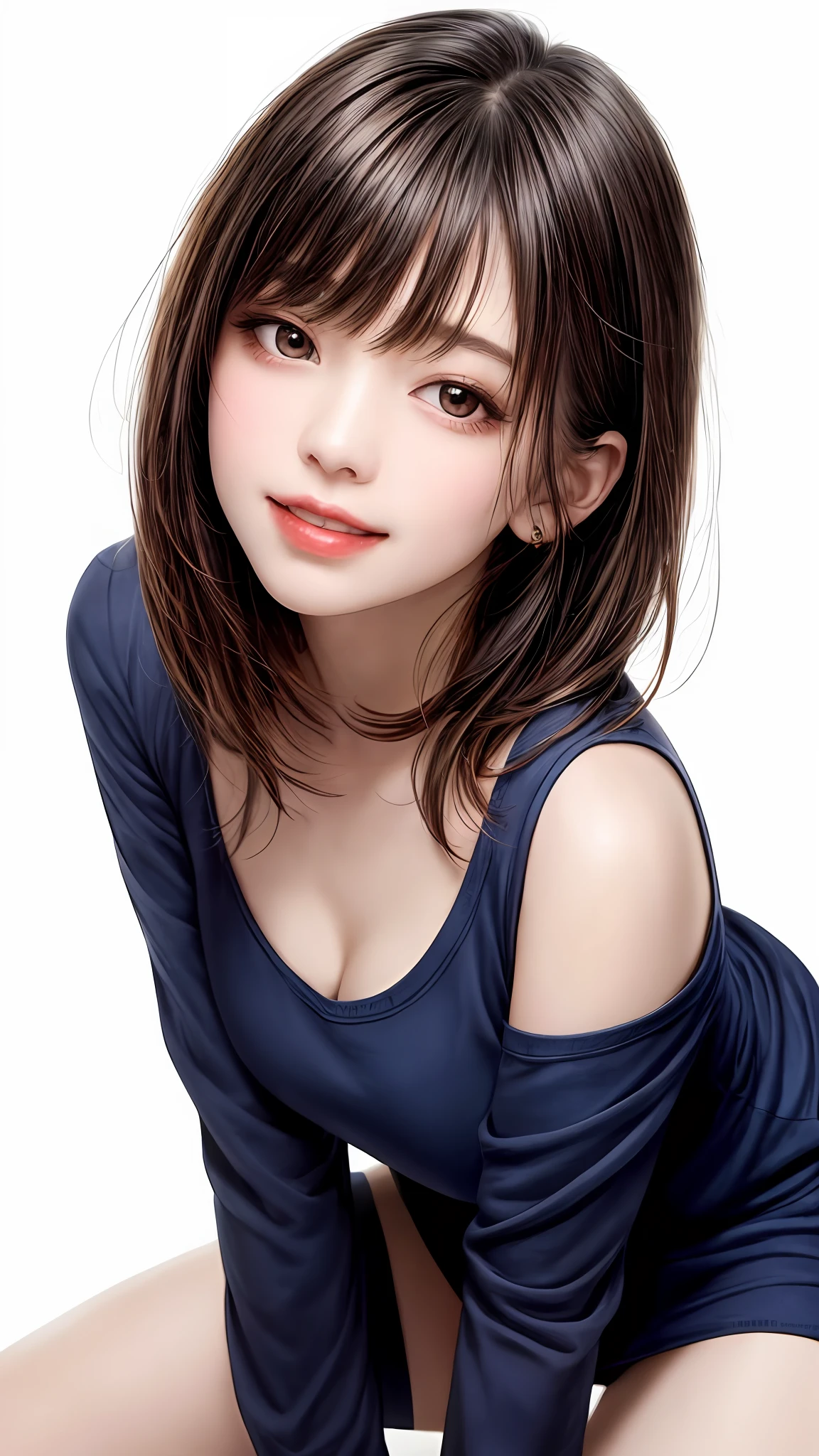 Pee (incontinence: 1.47), fashion trendy beautiful and attractive woman, gentle and attractive Chinese beautiful woman, Korean (kpop idol), delicate and sexy collarbone, attractive oval face, double eyelids, smart [peach] flower eyes, pink lips, small nose, bare shoulders, focus on face, [[face close-up], ultra high definition, super detail, White off-shoulder lace shirt, (((white lace panties), fresh and impressive, natural (large: 1.25), (kneel on the ground), (legs wide open), (legs spread), (from a low angle), (upright 1.5), (shiny skin: 1.4), (low angle)), perfect figure, areola, cleavage, armpit wrinkles, (floor urine)), (NSFW: 1.05), ( Showpiece, top quality, high precision)), one girl, (big, photorealistic: 1.4), (slightly above the camera, looking up at the camera, looking up, looking up at the camera, staring at the camera))), solo, solo, white background, snow-white background, mouth closed, happy smile, pretty black hair, short hair, big eyes, pronounced double eyelids, eyelashes, ears out, long neck, long neck, Absolute area, ((close-up of face, short hair with bangs)), 19 years old, attractive proportions, shiny skin, clean collarbone, golden ratio face, perfect face, teardrop mole, chest mole, bangs, clean bangs, beautiful bangs, lip gloss, thin lips, white skin, undressed, big breasts, small face, staring at the camera a little upwards, ((smiling a little at the camera, really nothing pure white background, very big, big big, big breasts)), ((((uniform, shirt))))