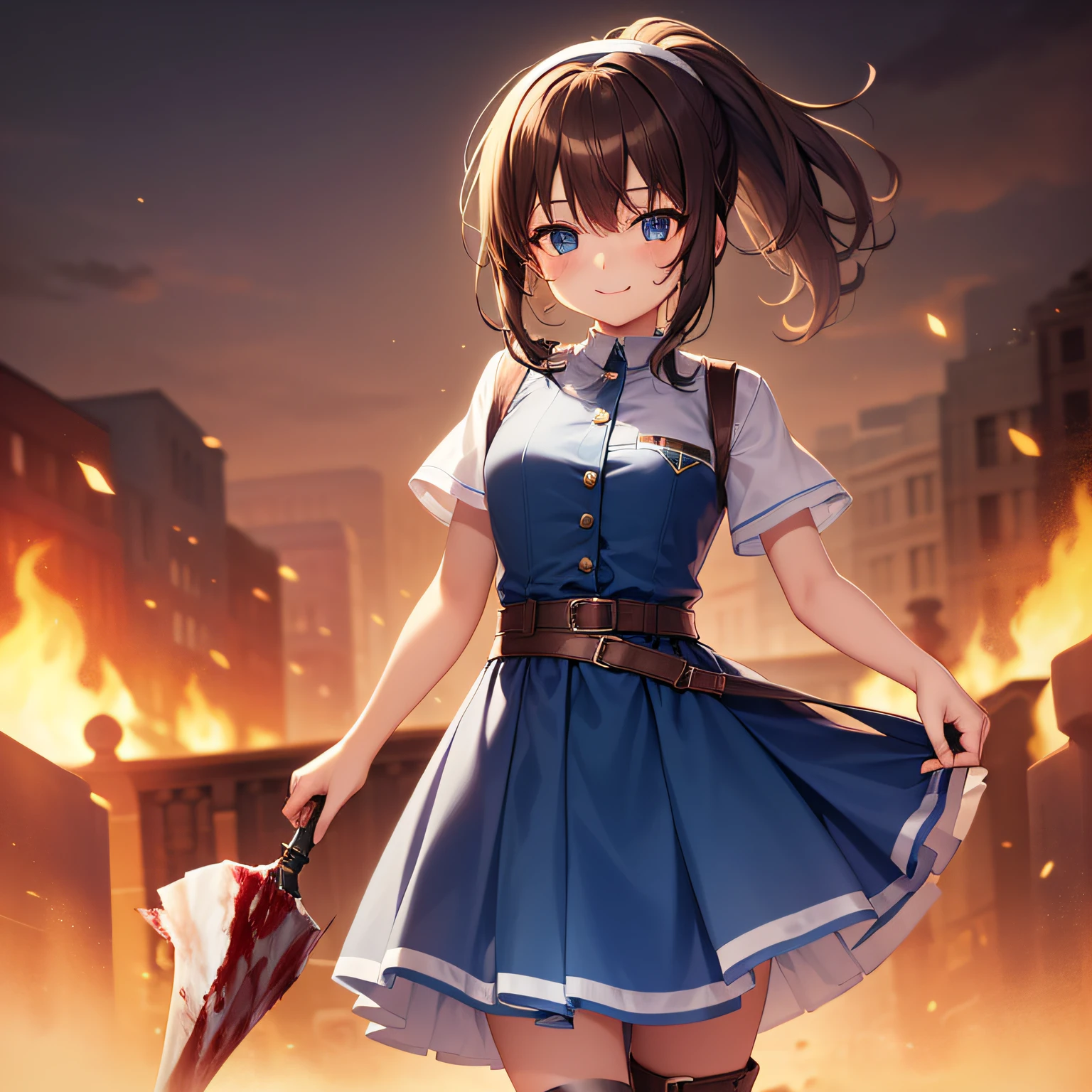 Top quality, very delicate and beautiful, girl, 11 years old, (dark brown hair), blue clothes with vertical buttons, belt at the waist, white skirt, (ponytail)), (white hair band), (brown boots), blue eyes, standing, smile, a large amount of blood in clothes, (bloody), darkness falling, (clothes bloody)